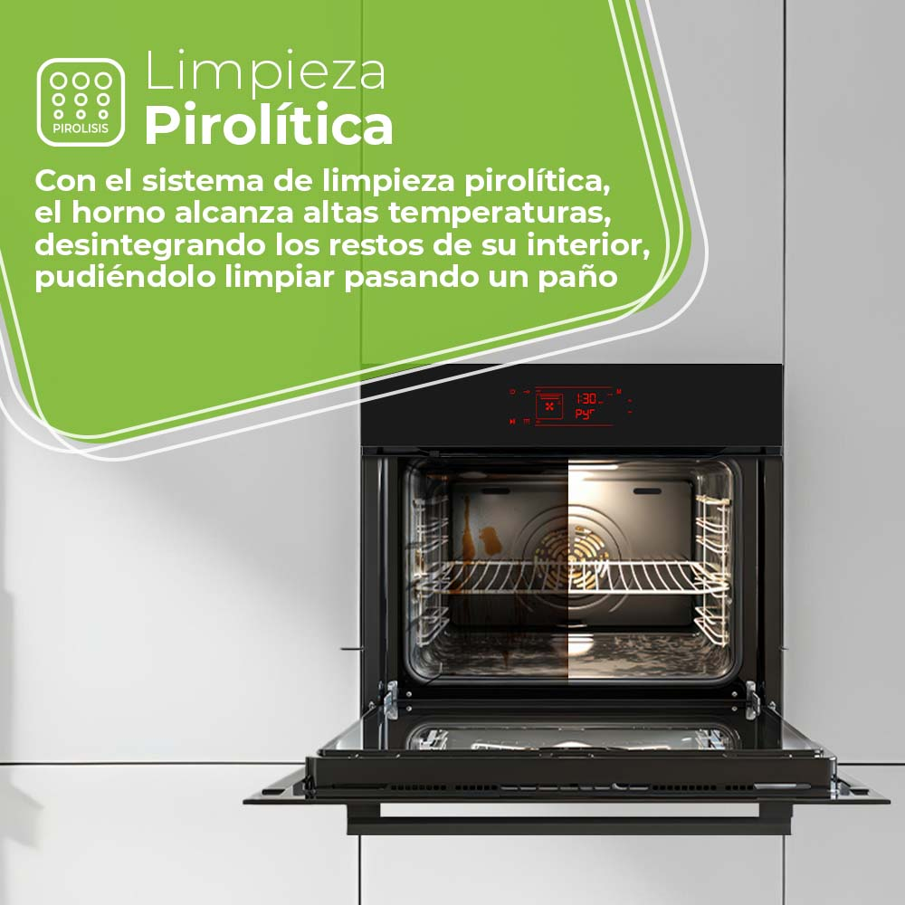 Un horno con pantalla digital y texto. El texto describe la limpieza pirolítica.