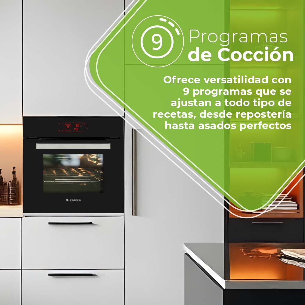 Una cocina moderna presenta un horno negro empotrado en gabinetes blancos, resaltado por una gráfica verde.