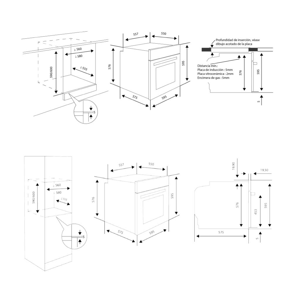Dibujos técnicos muestran dimensiones para la instalación del horno, incluyendo medidas de altura, anchura y profundidad para el montaje.