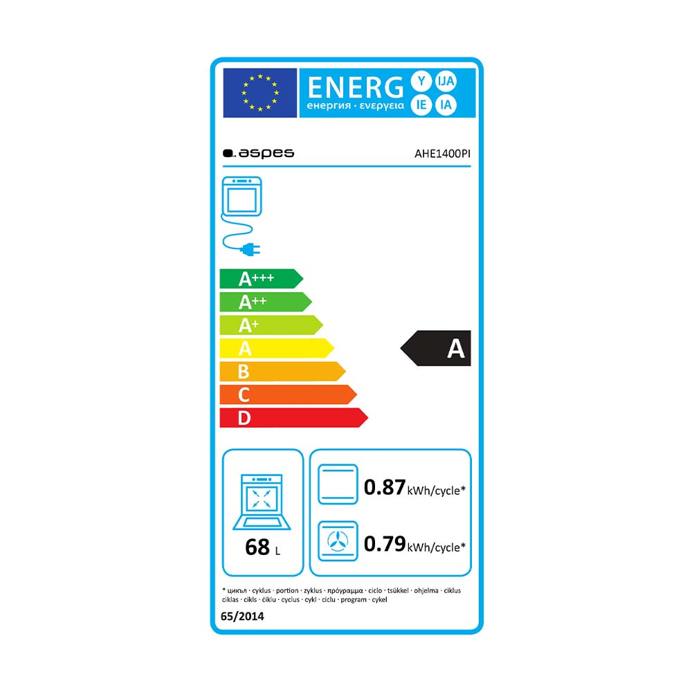 Etiqueta energética para un horno Aspes AHE1400PI, con calificación A en eficiencia energética y detalles de consumo.