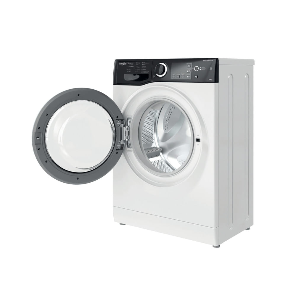 Una lavatrice bianca Whirlpool con uno sportello aperto rivela un cestello in acciaio inossidabile e un pannello di controllo nero.