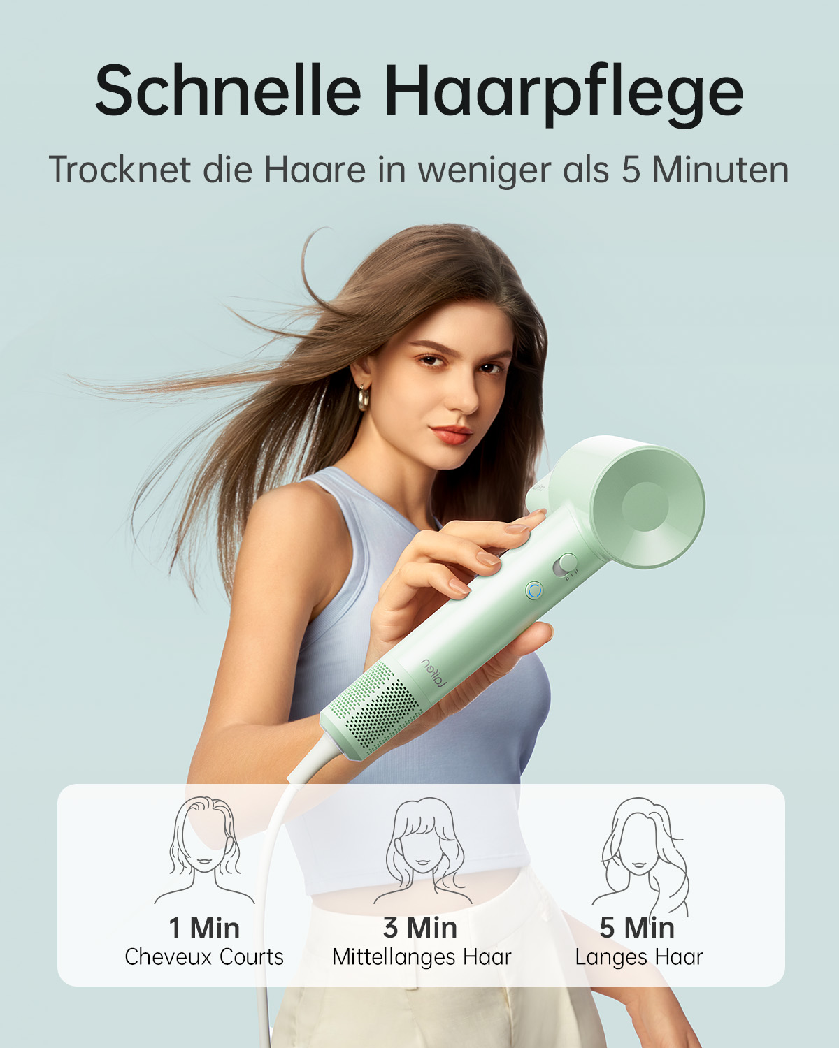 Kobieta trzyma suszarkę; pokazano czasy suszenia.