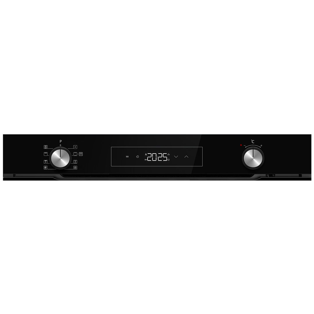 Primer plano de un panel de control de horno negro con perillas, botones y una pantalla digital que muestra "20:25".