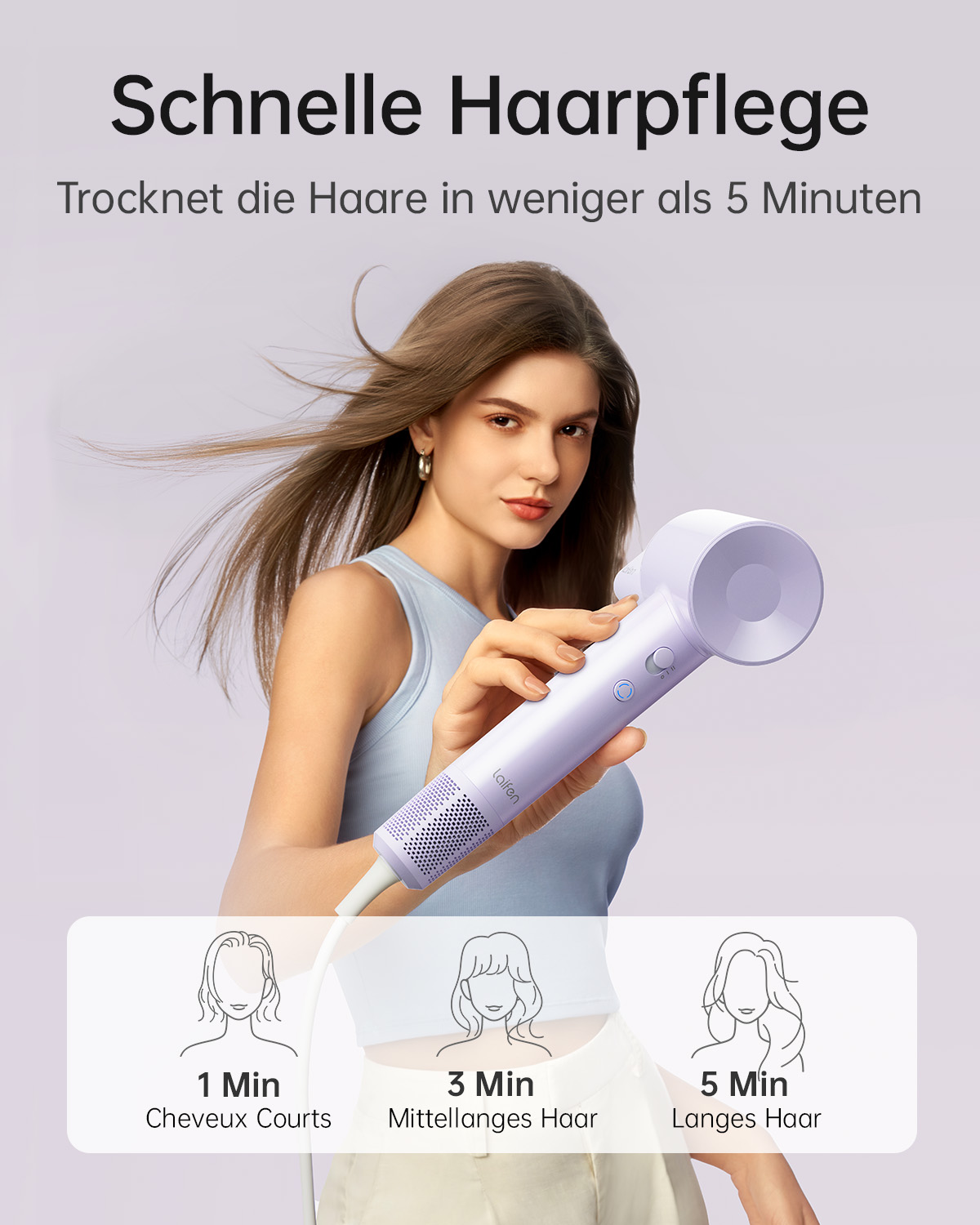 Eine Frau hält einen hellvioletten Haartrockner, mit Grafiken, die die Trocknungszeiten der Haare zeigen: kurz 1 Min., mittel 3 Min., lang 5 Min.