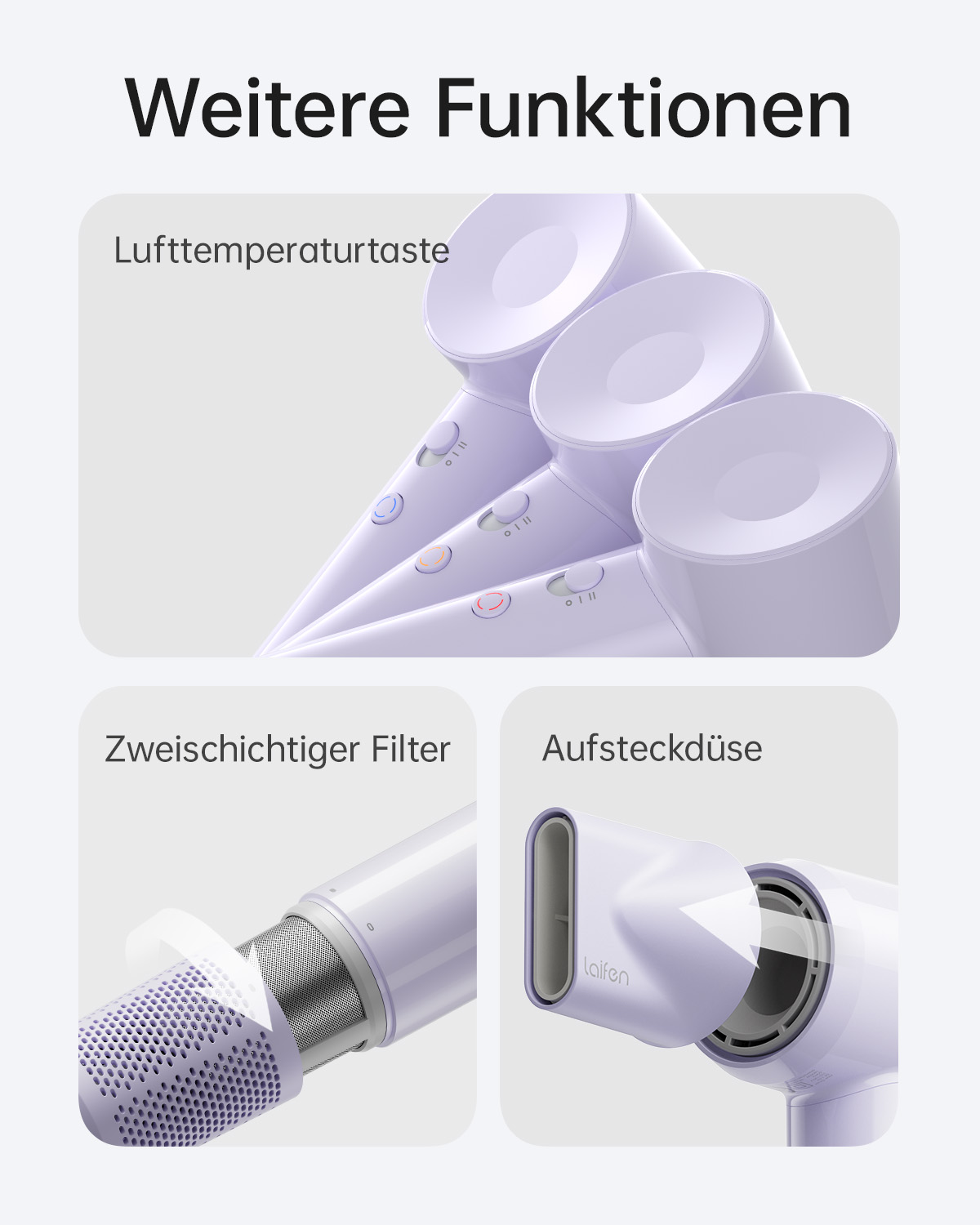Nahaufnahme eines hellvioletten Haartrockners, der die Lufttemperaturtaste, den zweischichtigen Filter und die Stylingdüse hervorhebt.