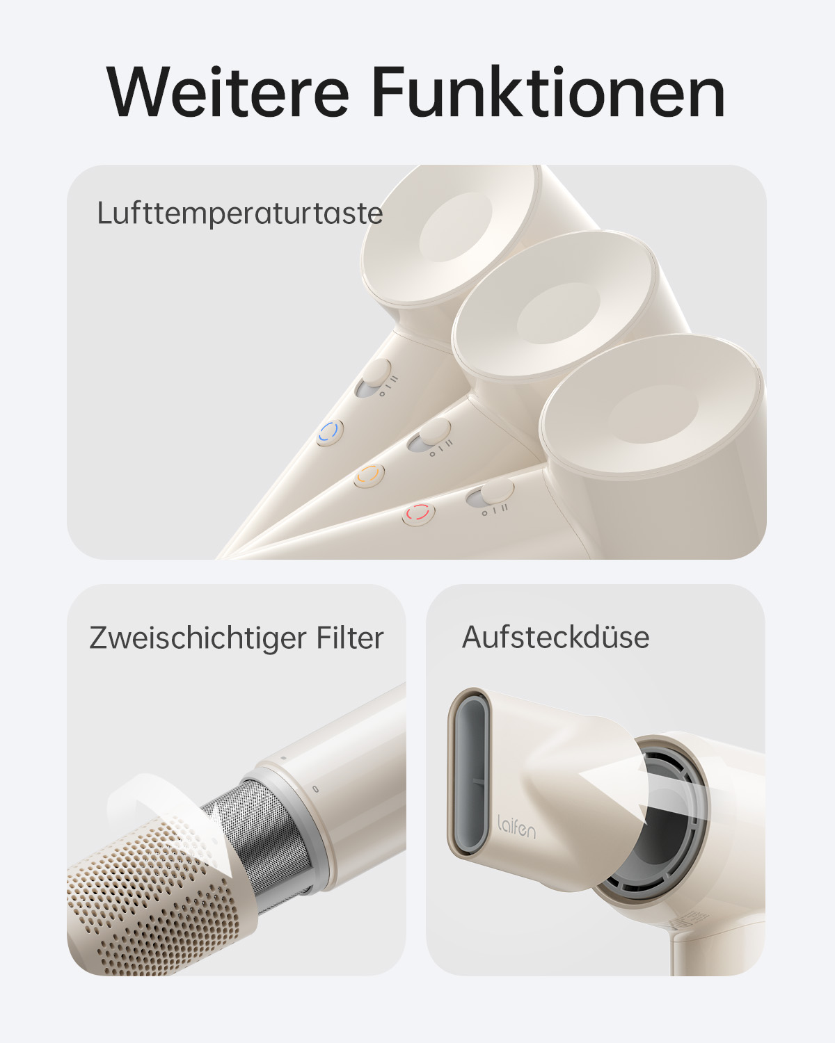 Nahaufnahme eines hellgoldenen Haartrockners, der die Lufttemperaturtaste, den zweischichtigen Filter und die Stylingdüse hervorhebt.