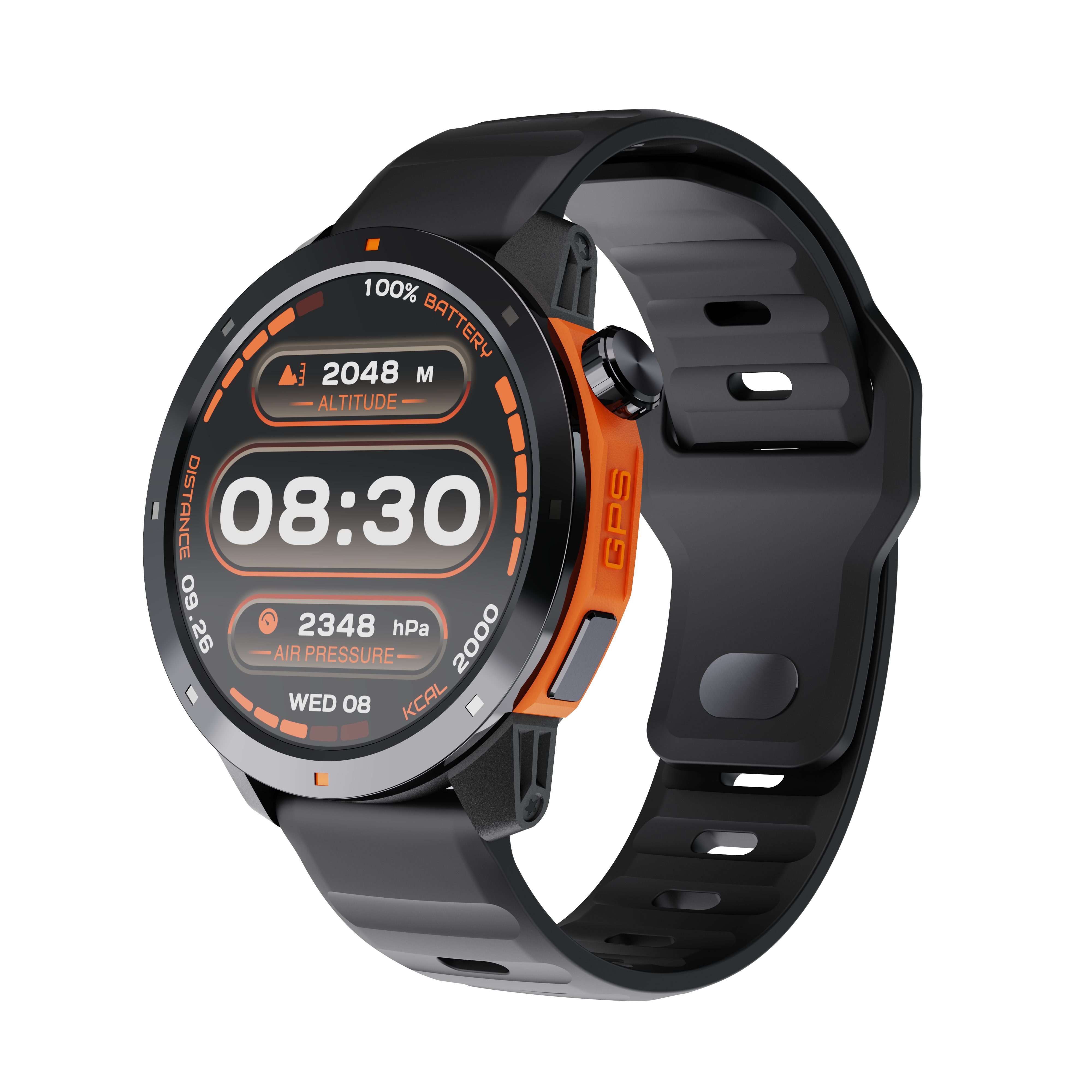Czarny smartwatch z pomarańczowymi akcentami, wyświetlający czas, wysokość, baterię i inne dane na białym tle.