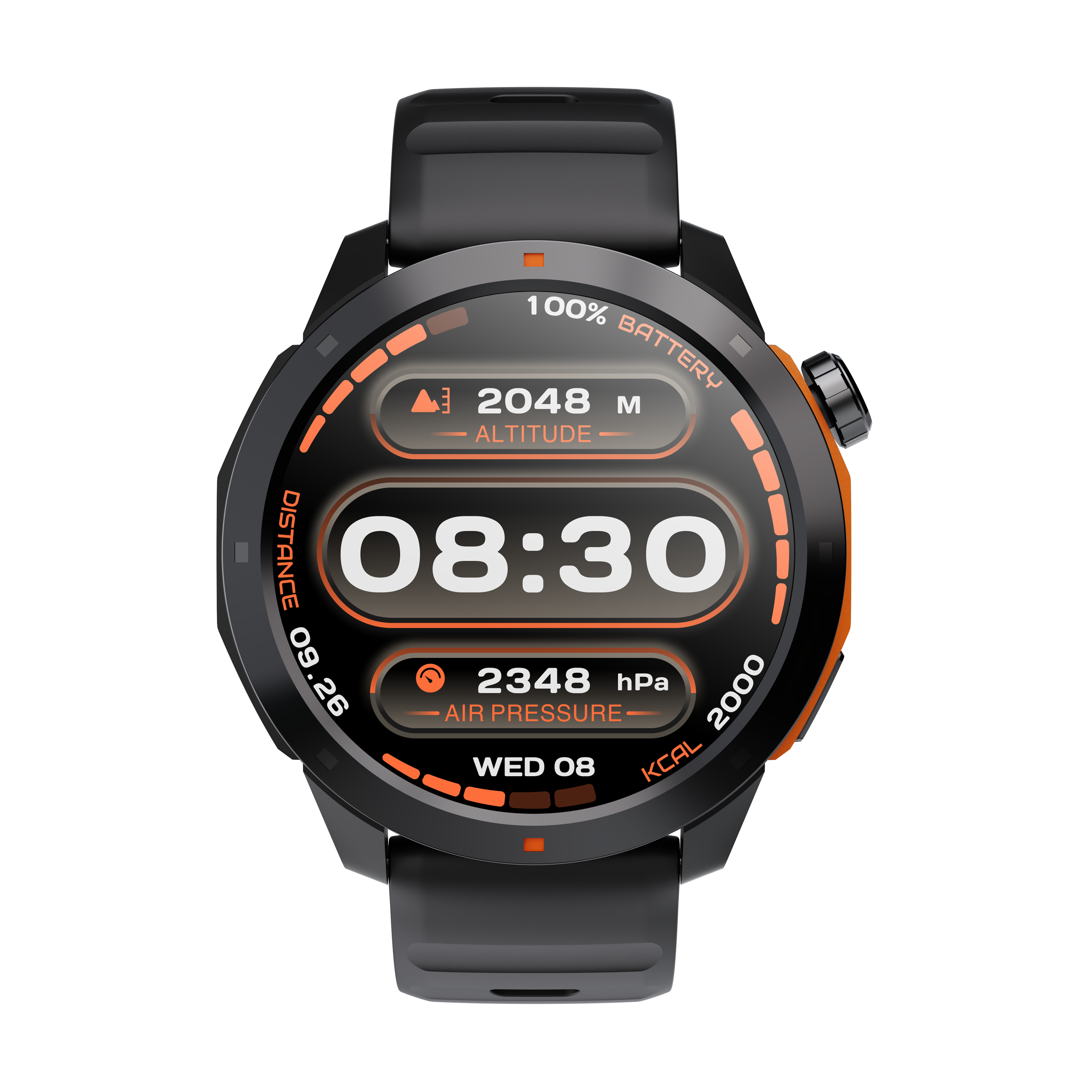 Czarny smartwatch pokazujący godzinę 08:30, wysokość 2048 m, ciśnienie powietrza 2348 hPa i 100% baterii.