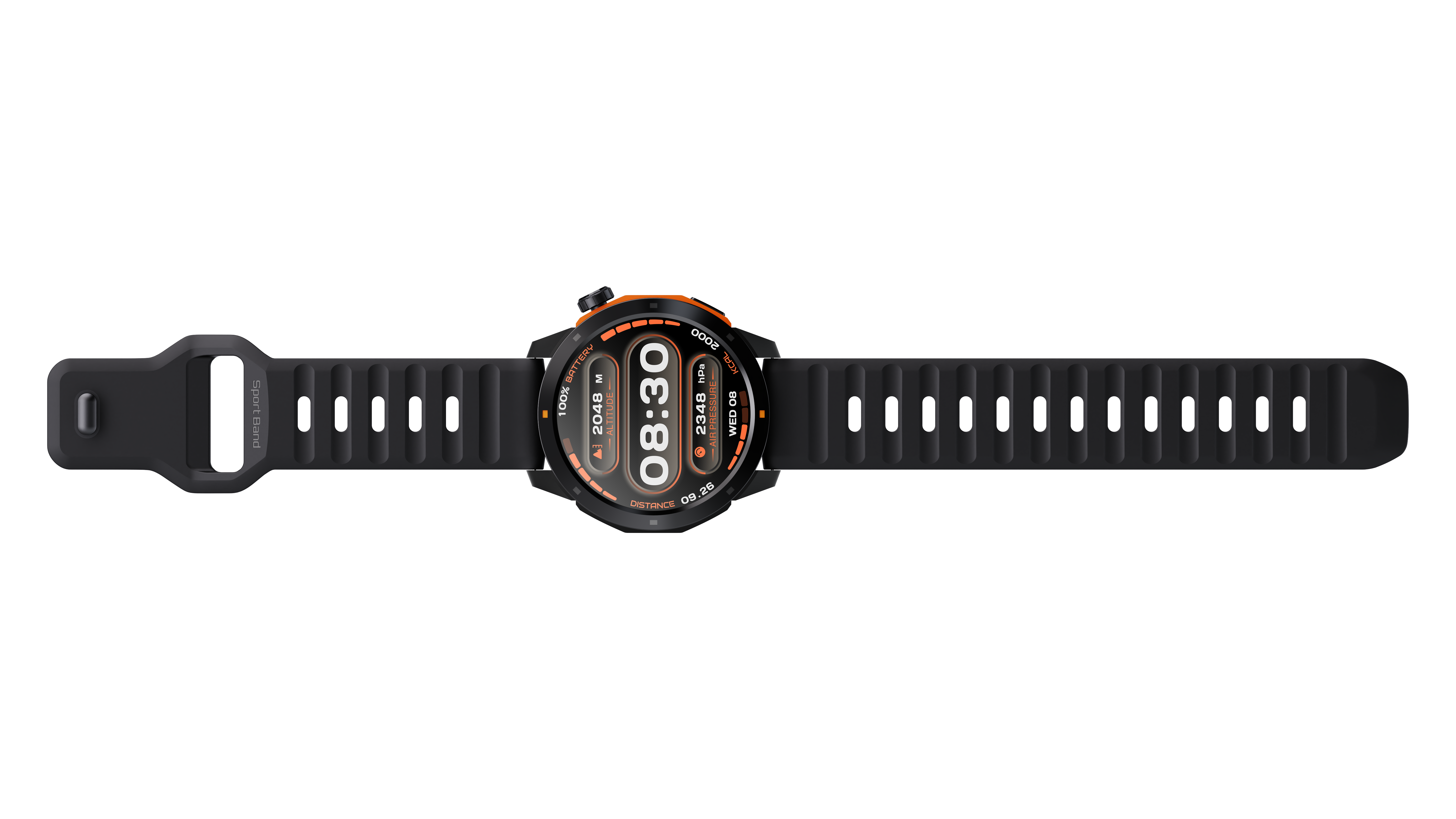 Czarny smartwatch z pomarańczowymi akcentami, wyświetlający czas, wysokość i inne dane na czarnym tle.