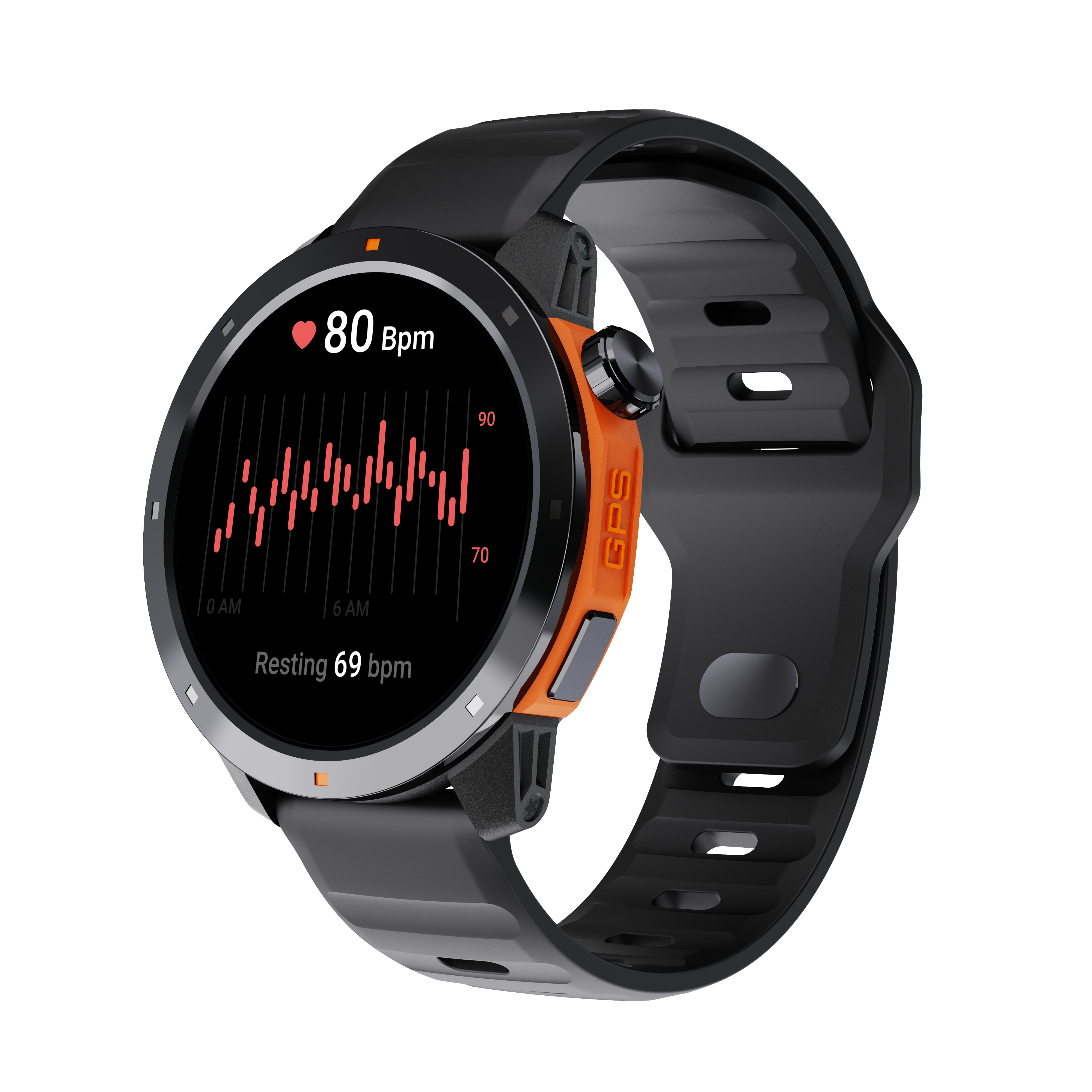 Czarny smartwatch wyświetlający wykres tętna i 80 bpm. Pomarańczowy przycisk GPS, czarny pasek na czarnym tle.