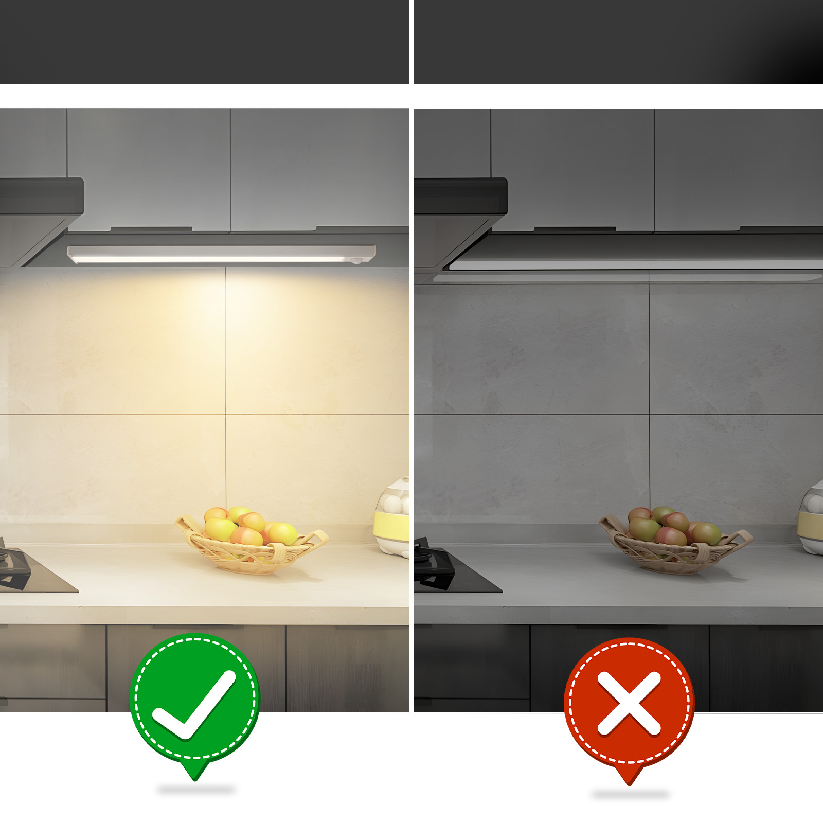 Scena kuchenna pokazuje włączone i wyłączone światło. Kosz owoców stoi na blacie. Pokazano znak wyboru i X.