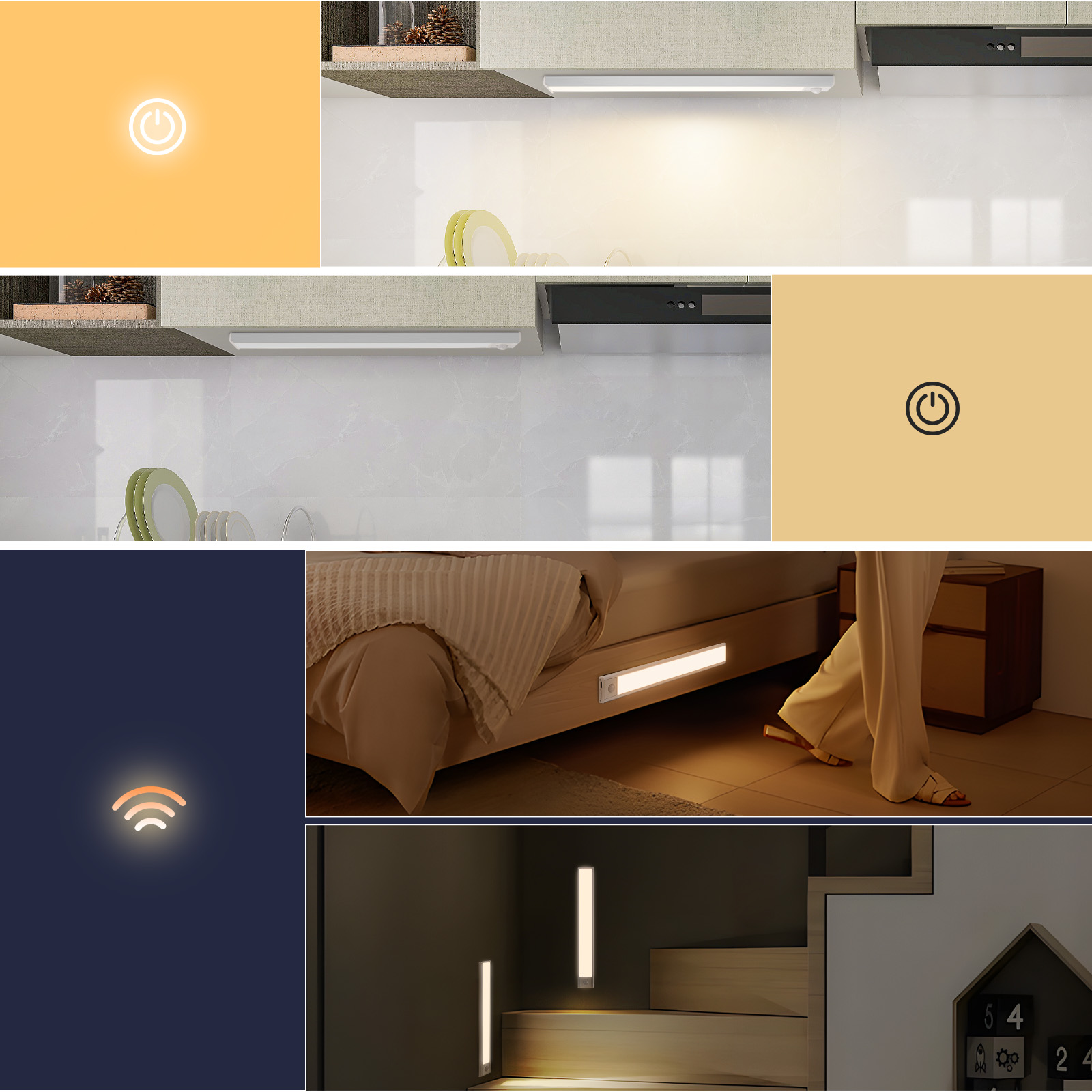 Wiele zdjęć pokazujących użycie listwy świetlnej LED. Sceny obejmują kuchnię, sypialnię i schody.