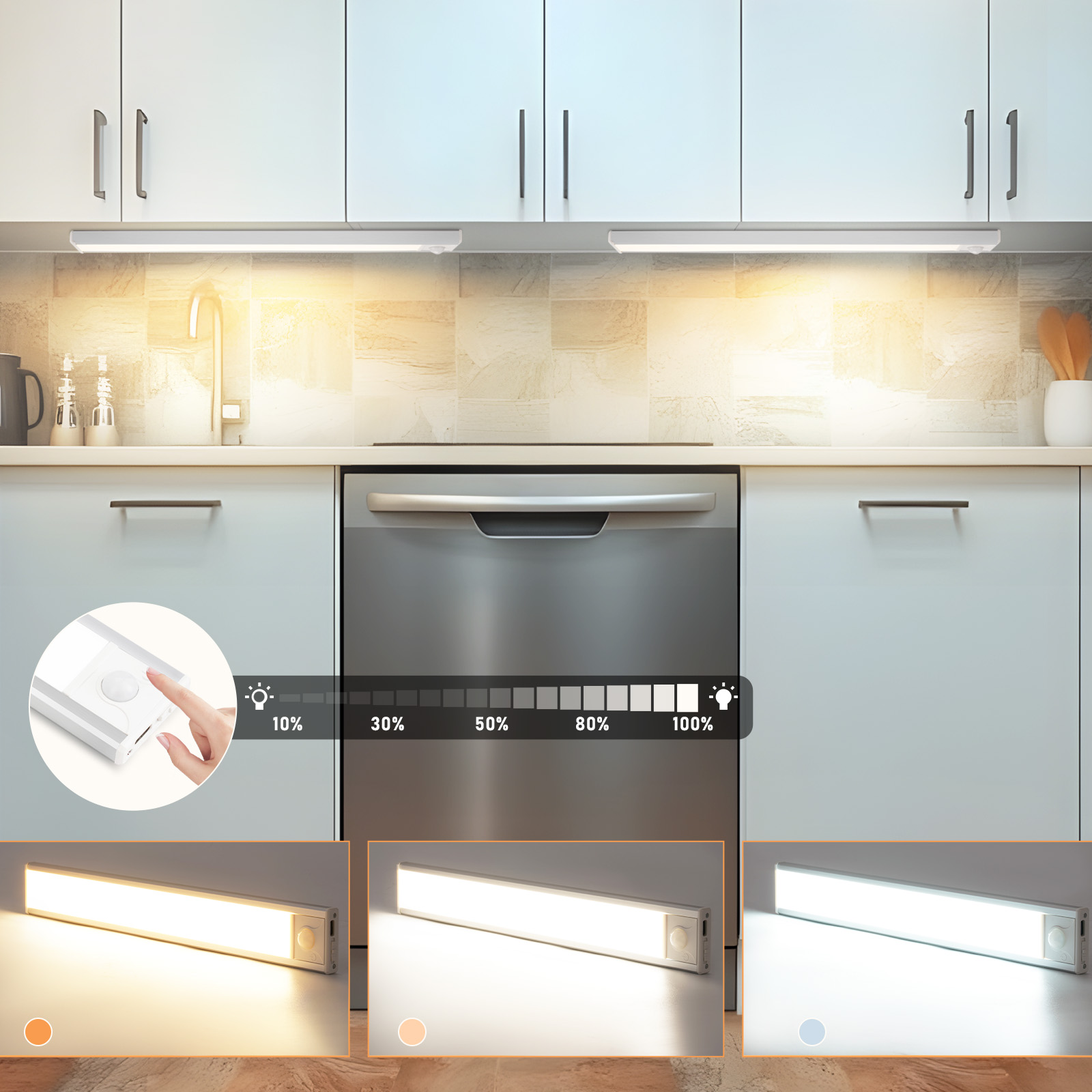 Scena kuchenna z oświetleniem LED o regulowanej jasności i panelem dotykowym.