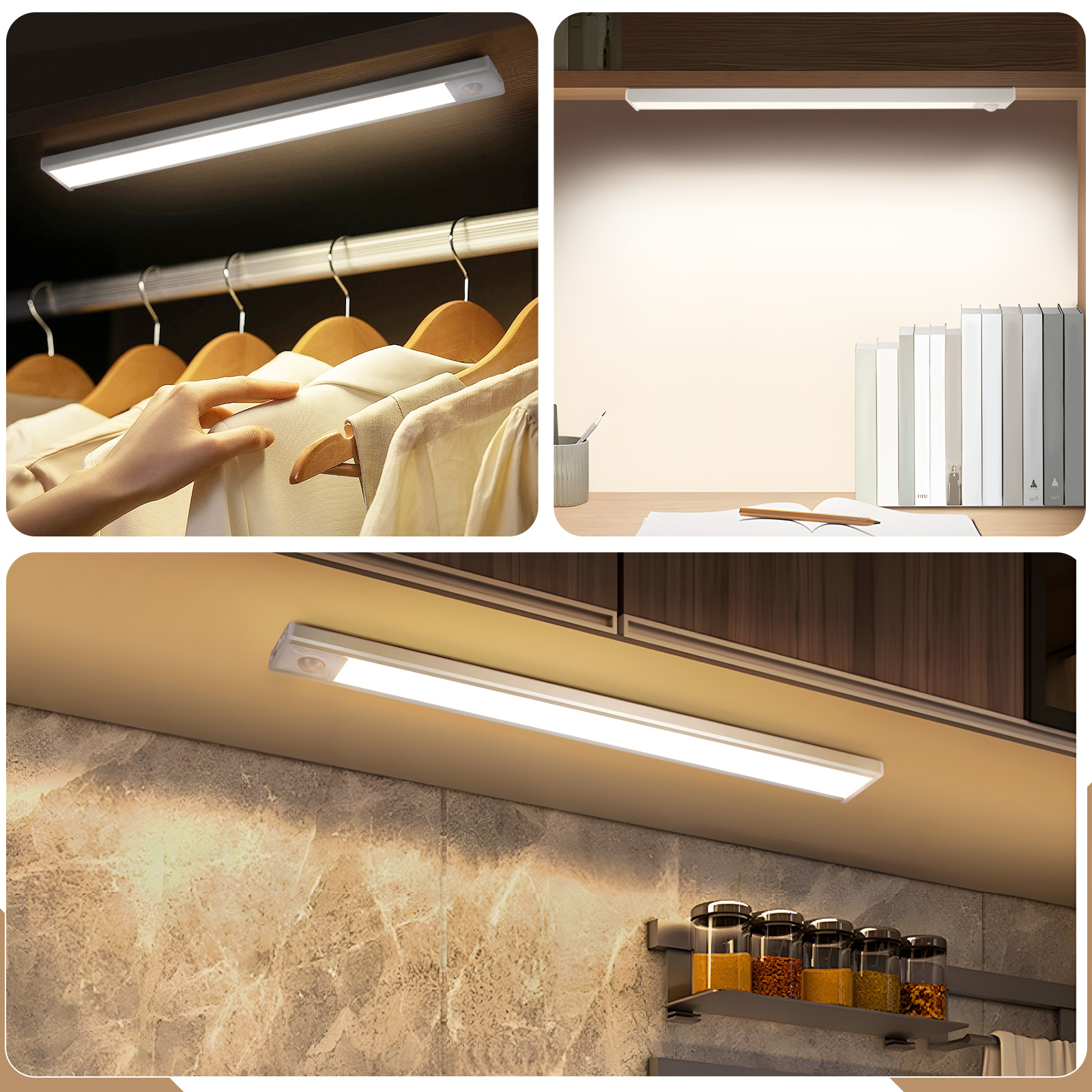 Sceny z oświetleniem LED w różnych ustawieniach: szafa, biurko i pod szafką z słoiczkami przypraw.