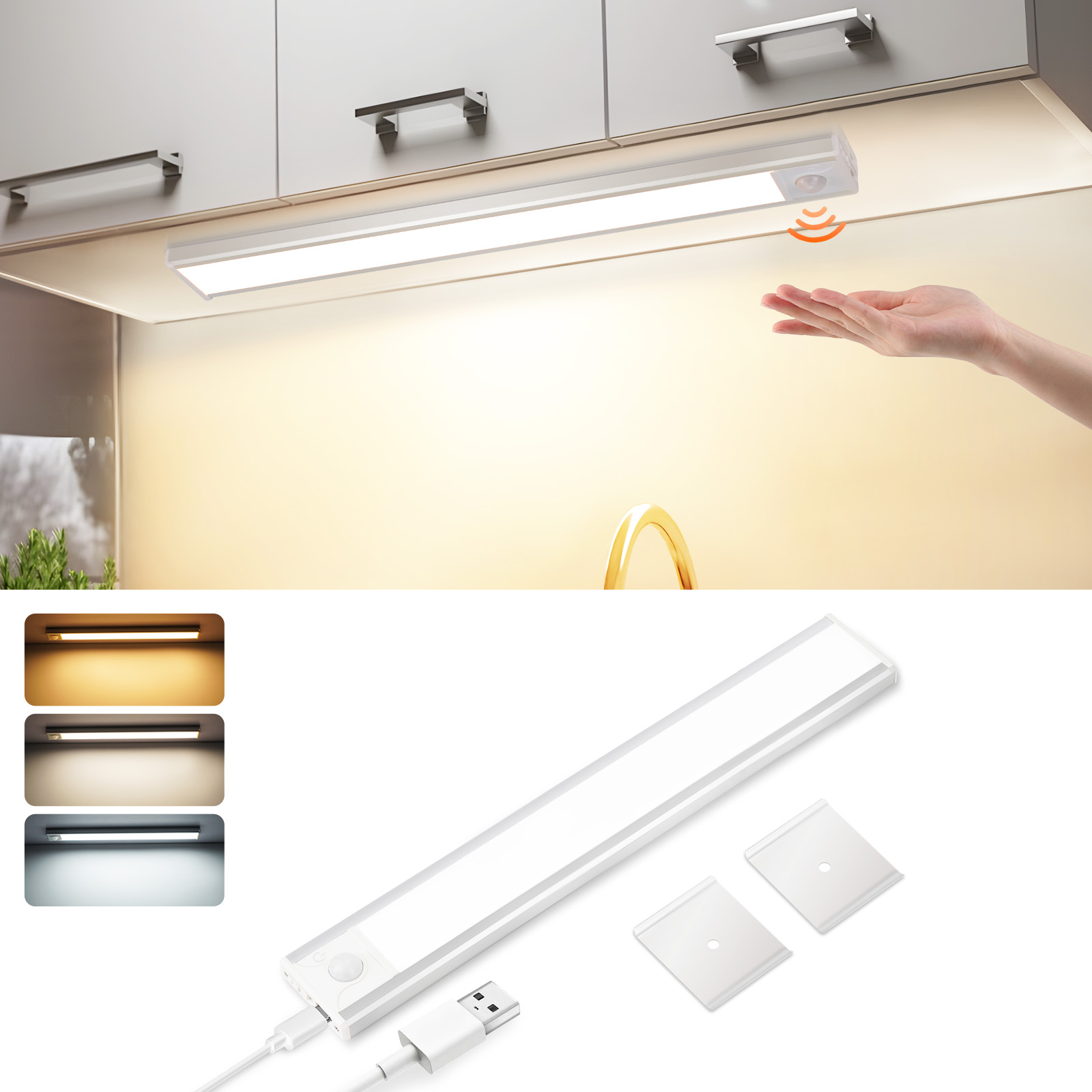 Se muestra una mano que alcanza una lámpara debajo de un armario. La luz tiene múltiples configuraciones de color.