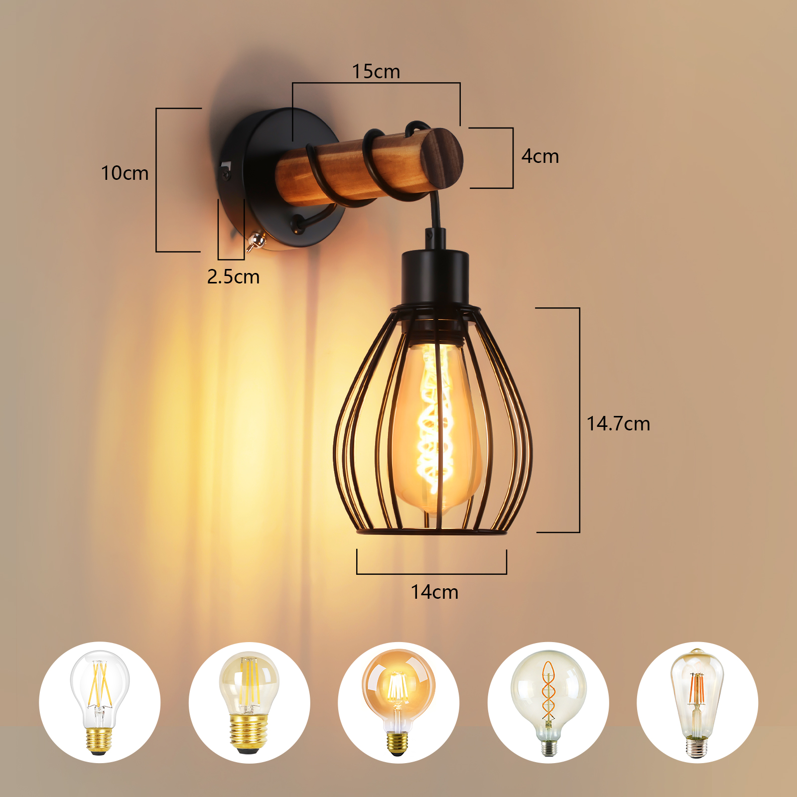 Una lampada da parete con un design a gabbia decorativo, lampadina Edison e dimensioni mostrate con diverse opzioni di lampadina.