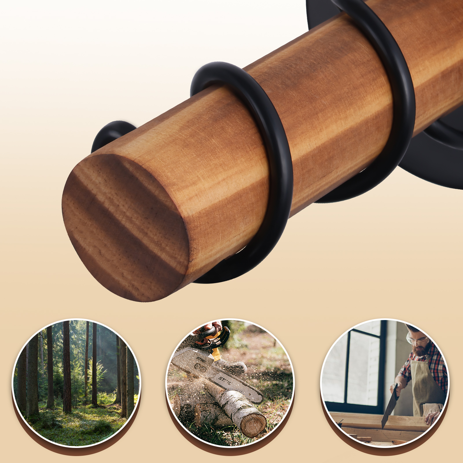 Tronco di legno con anello nero. Scena della foresta e uomo che taglia il legno.