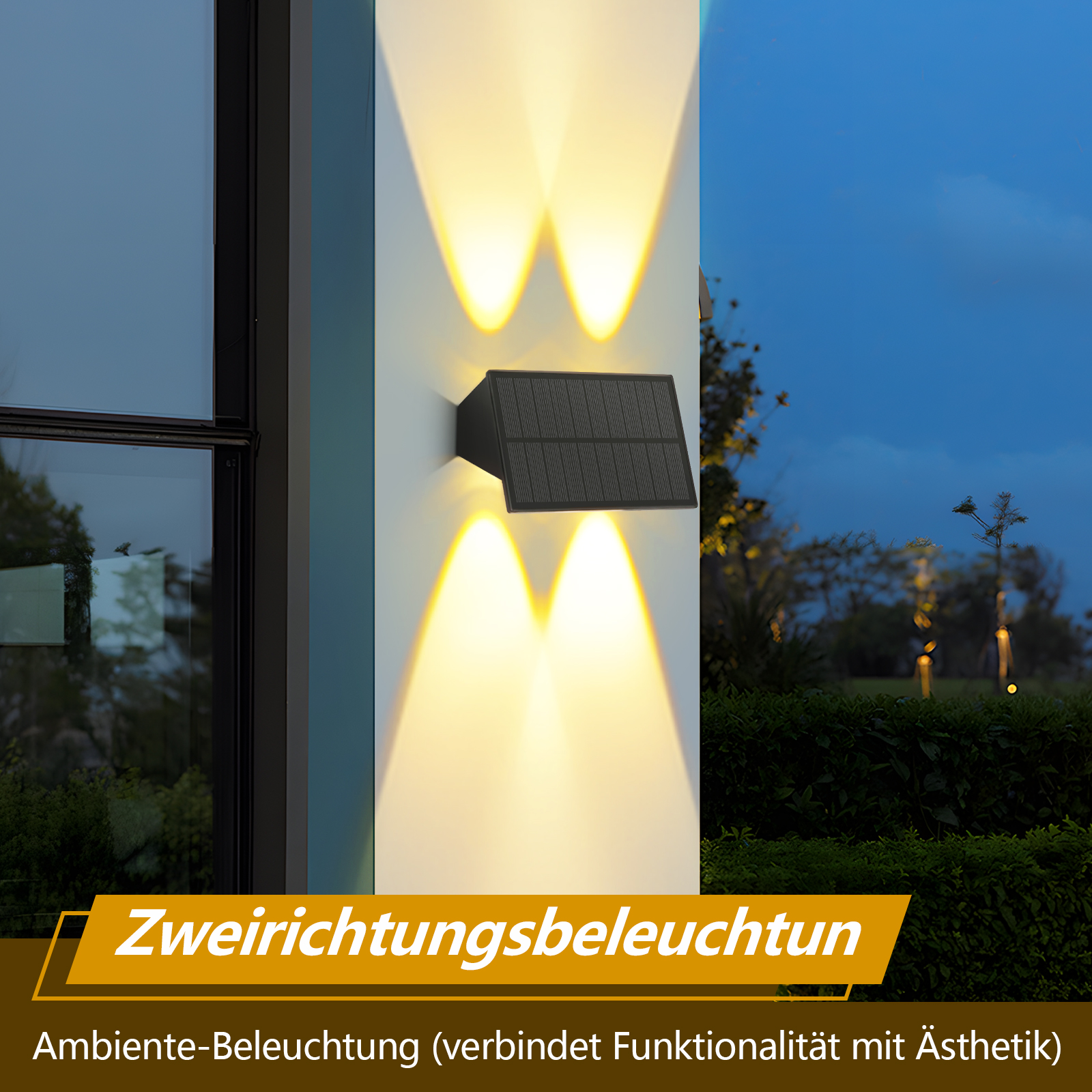 Luz solar en una pared emitiendo luz en dos direcciones, con texto en alemán debajo.