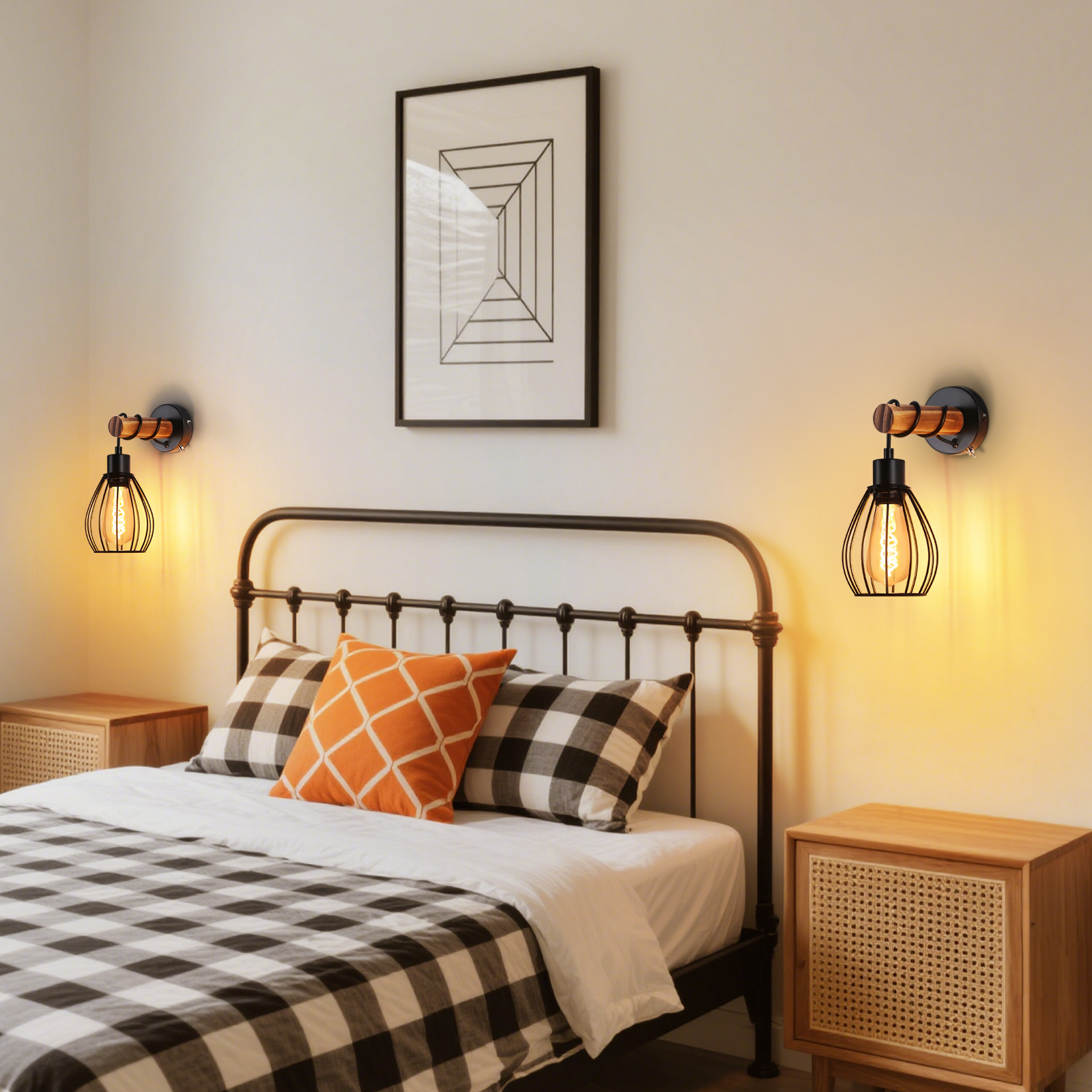 Camera da letto con letto, due applique, un'opera d'arte incorniciata e comodini.