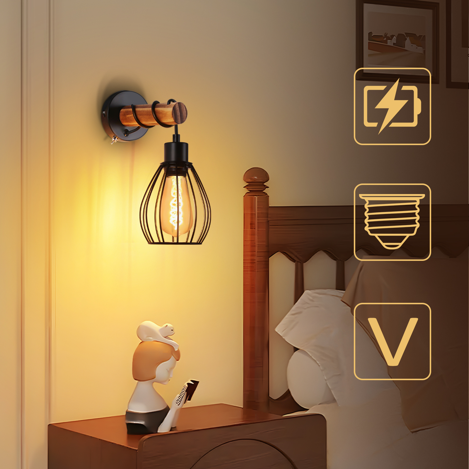 Applique a muro, figura, icone di batteria, lampadina e voltaggio vicino al letto.
