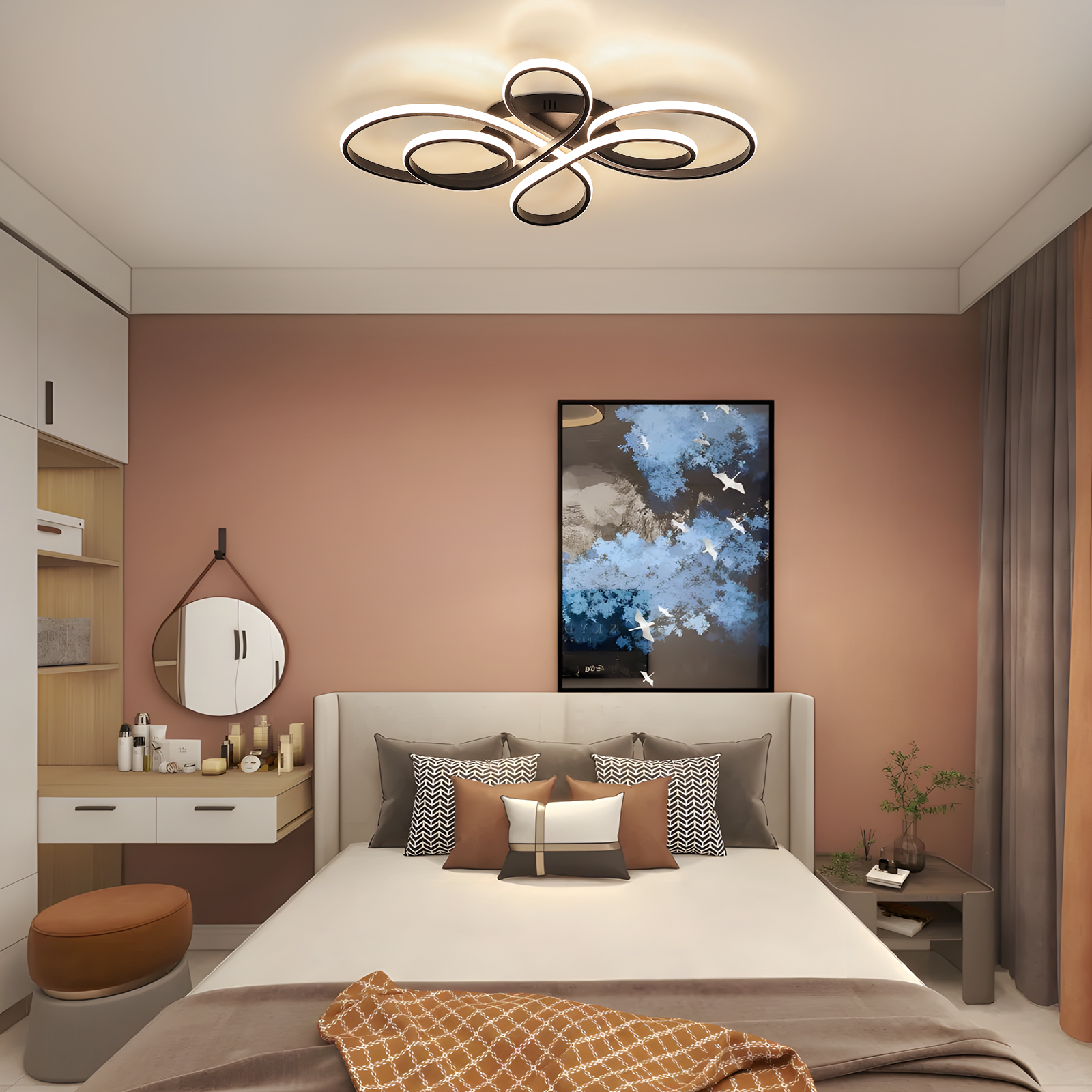 Ein Schlafzimmer mit Bett, Kommode, Spiegel und einer modernen Deckenleuchte.