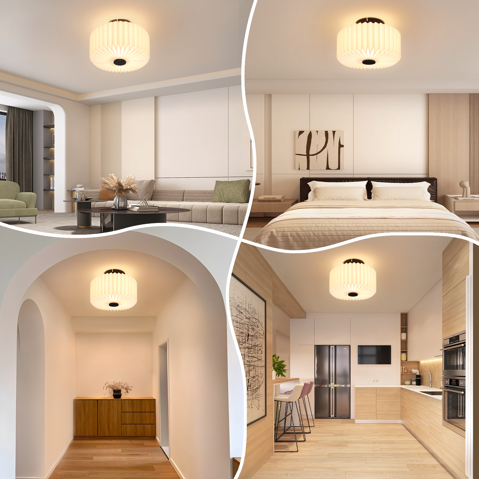 Cuatro escenas interiores con una lámpara de techo similar en diferentes habitaciones.