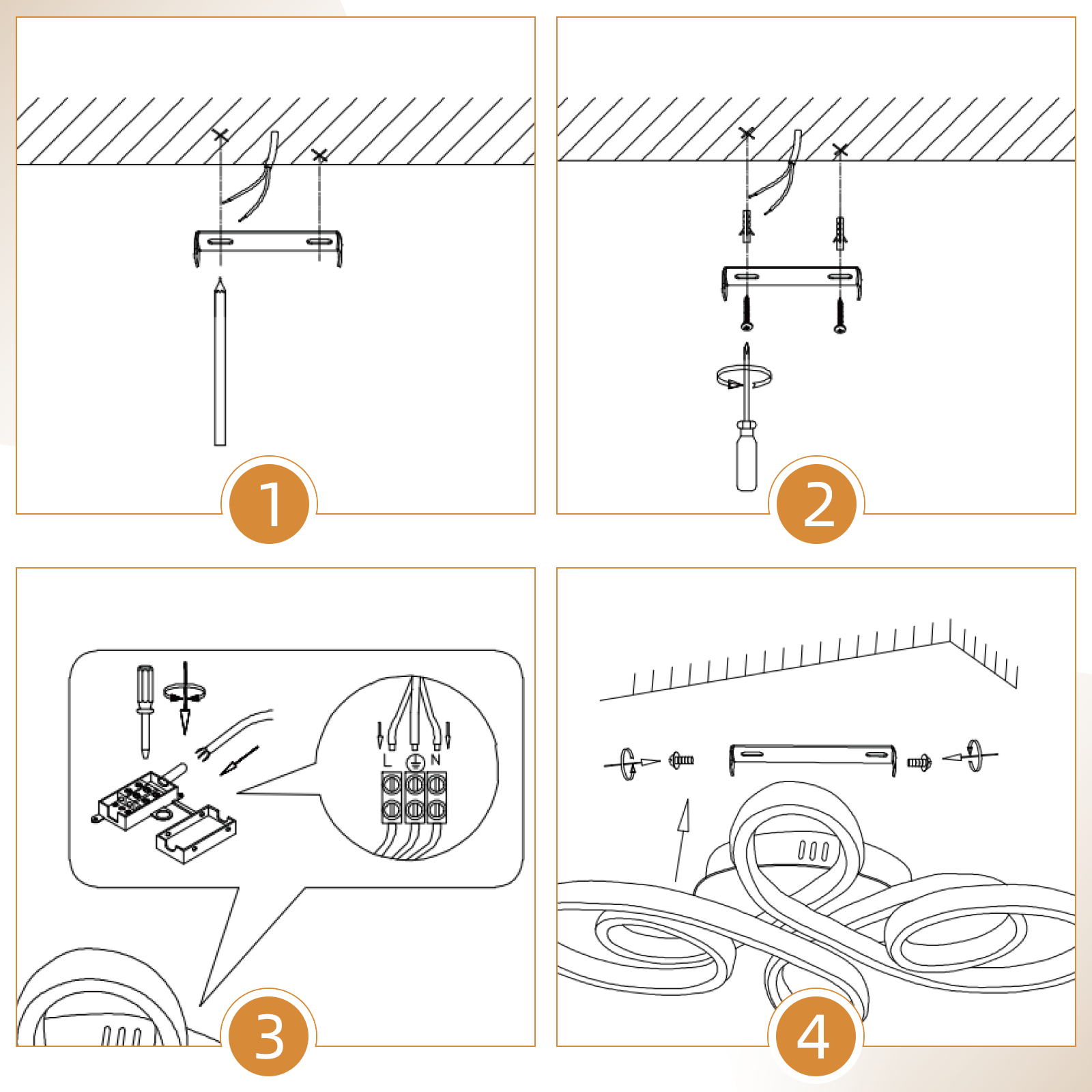 Vier Bilder zeigen Schritte zur Installation einer Deckenleuchte mit Diagrammen und Werkzeugen.