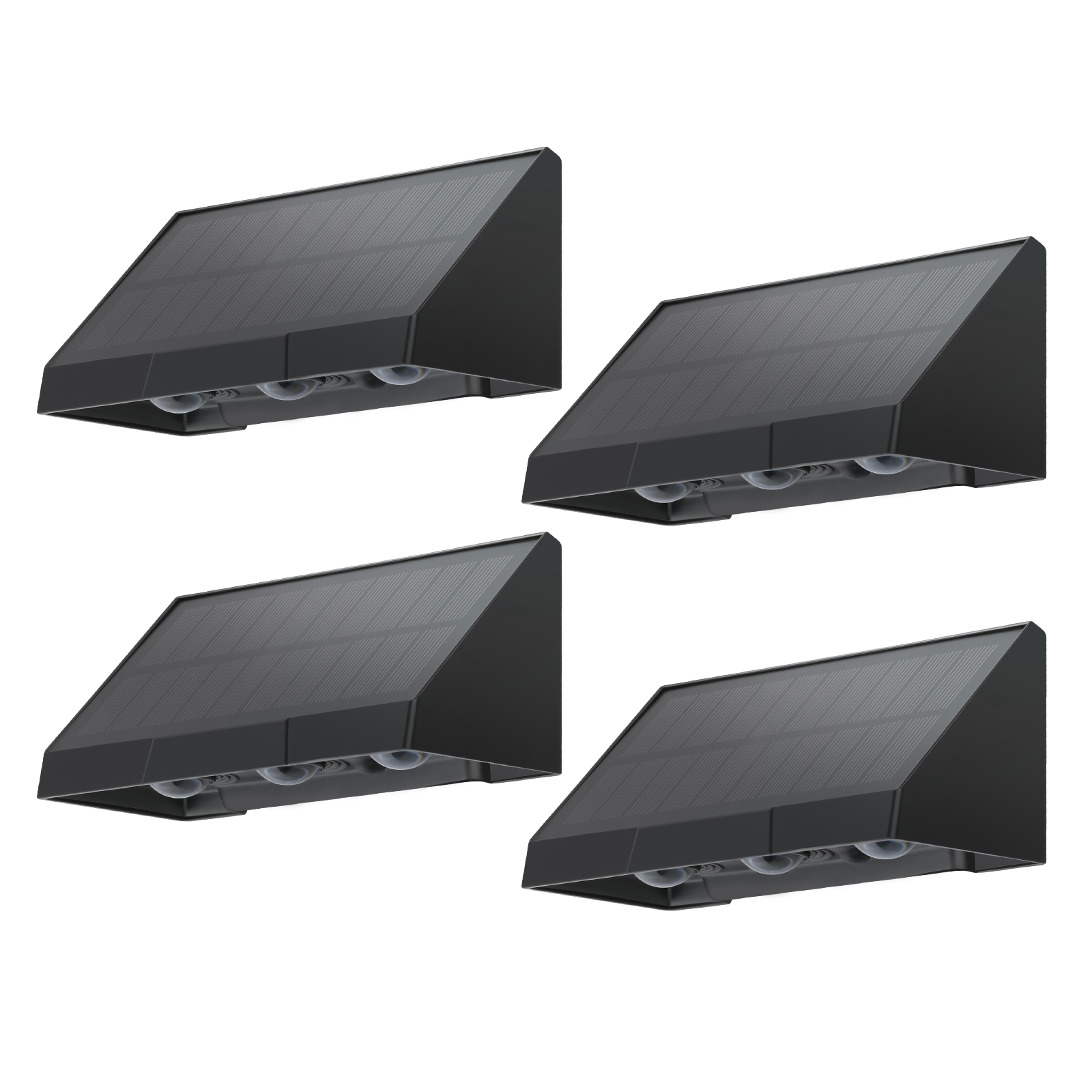 Cztery czarne lampy solarne, każda ze skośnym panelem słonecznym na górze.