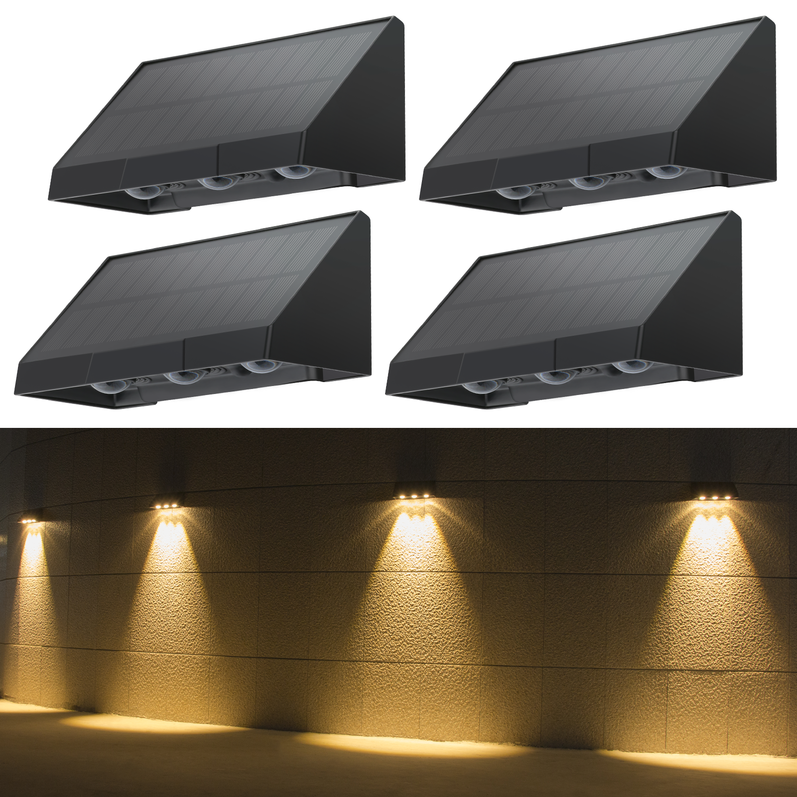 Cztery czarne, zasilane energią słoneczną lampy ścienne zamontowane na teksturowanej ścianie. Światła są włączone.