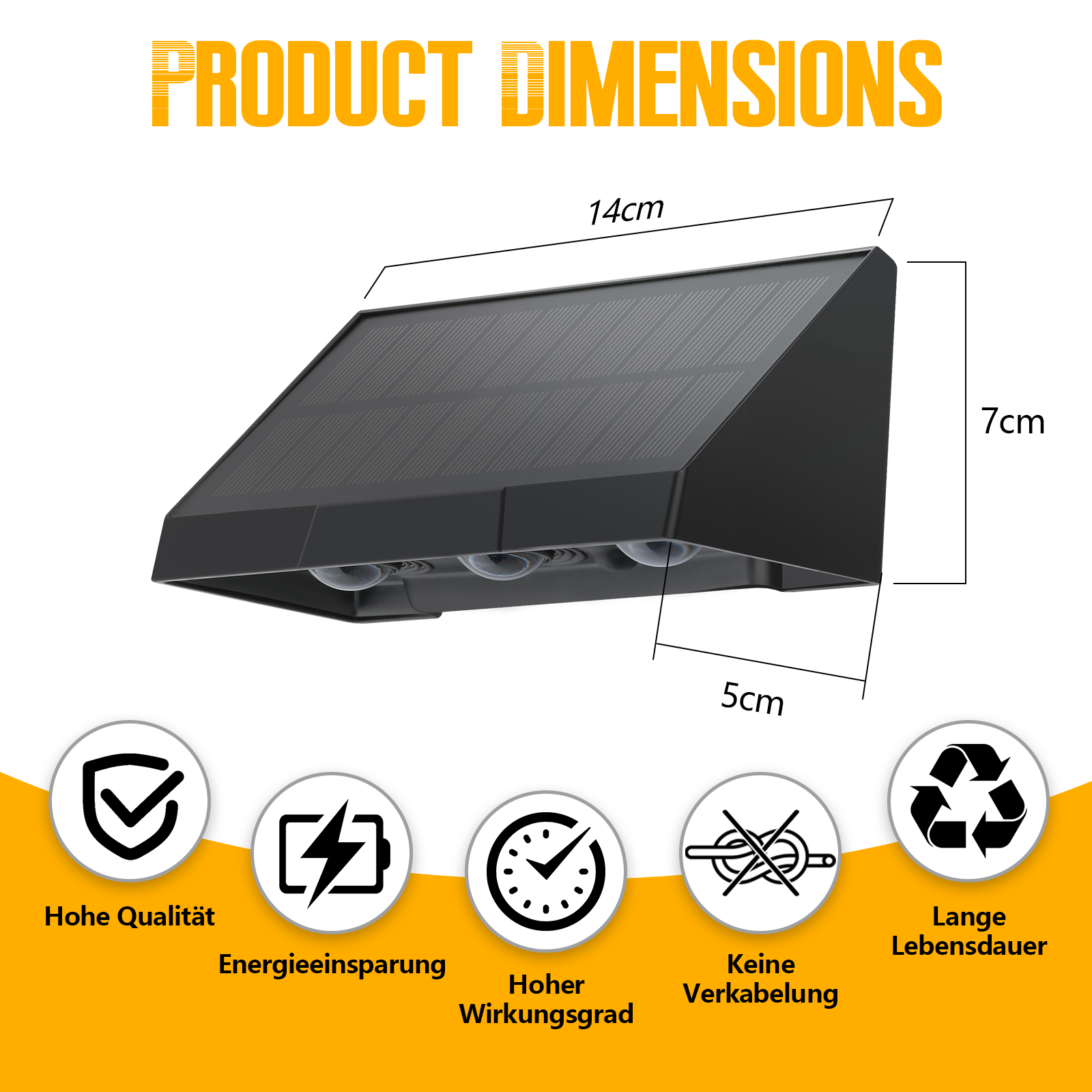 Czarna lampa solarna z wymiarami: 14cm x 7cm x 5cm. Wyświetlane są wymiary produktu.