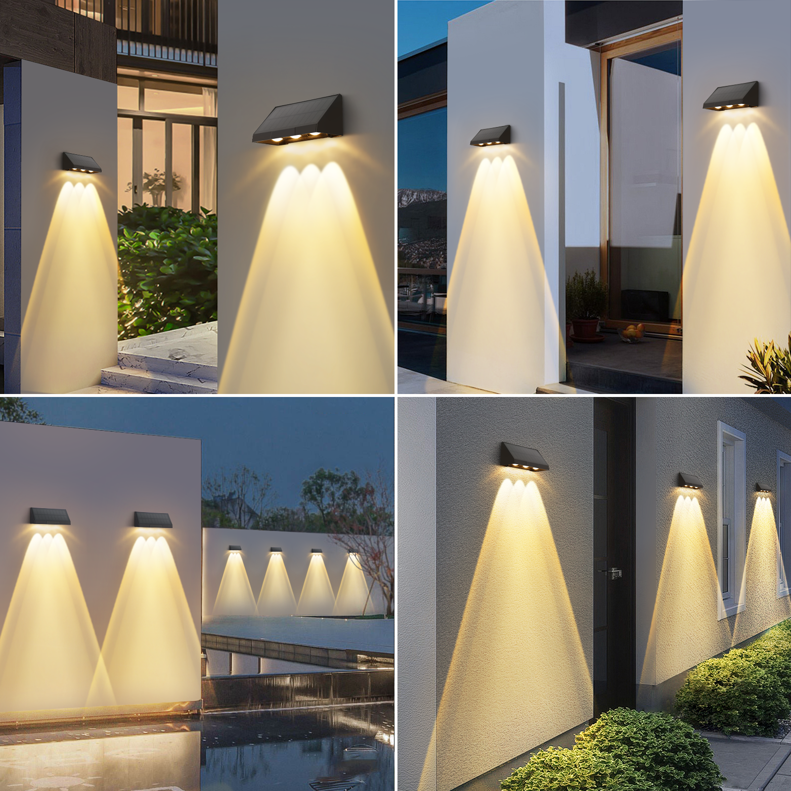 Wiele zdjęć zewnętrznych lamp ściennych. Panele słoneczne na górze, oświetlające w dół. Różne ustawienia: ściany, ogrody, drzwi.