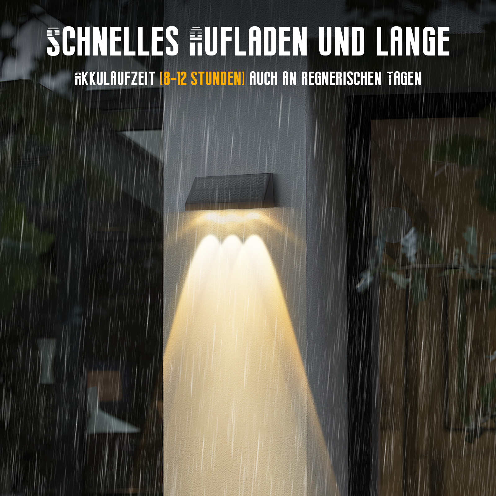 Lampa ścienna w deszczu. Tekst mówi: szybkie ładowanie i długa żywotność baterii (18-12 godzin) nawet w deszczowe dni.