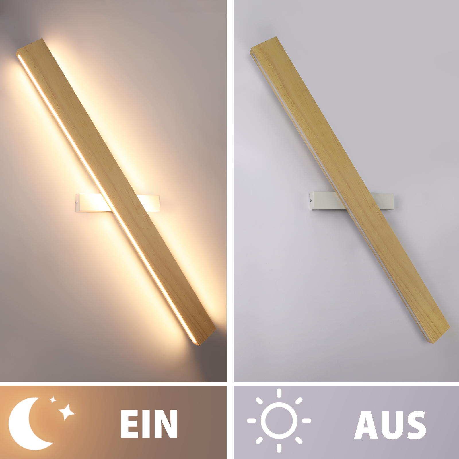 Applique in legno acceso e spento. Acceso: illuminato, Spento: non illuminato. Mostra icone di luna e sole.