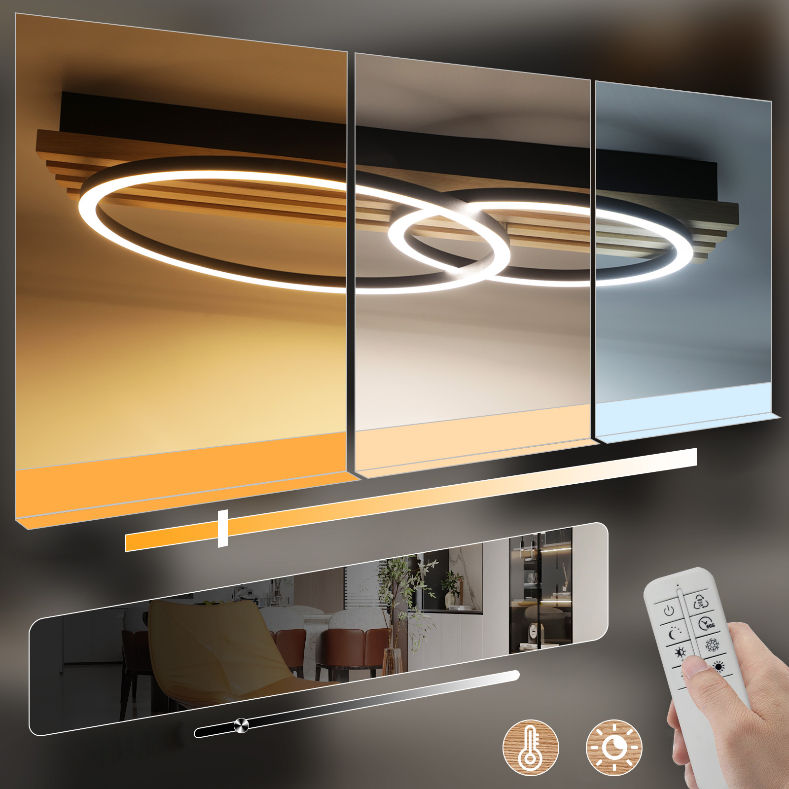 Deckenleuchte mit Ringen und Fernbedienung. Zeigt verschiedene Lichtmodi. Das Licht hat einstellbare Farbe und Helligkeit.