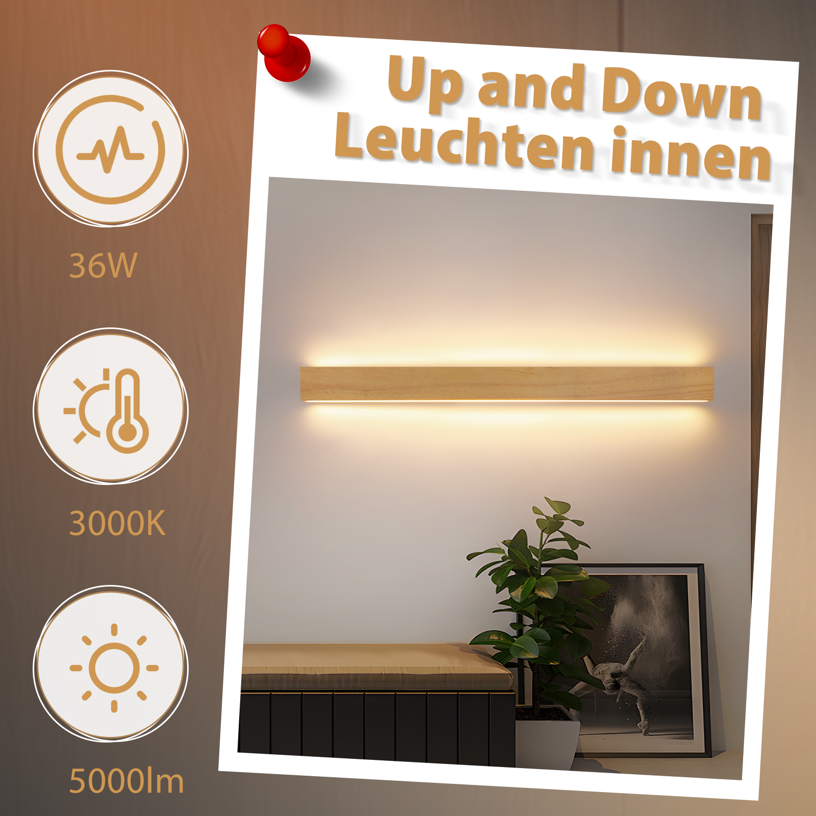 Un apparecchio di illuminazione con base in legno e sorgente luminosa rettangolare, insieme a icone correlate.