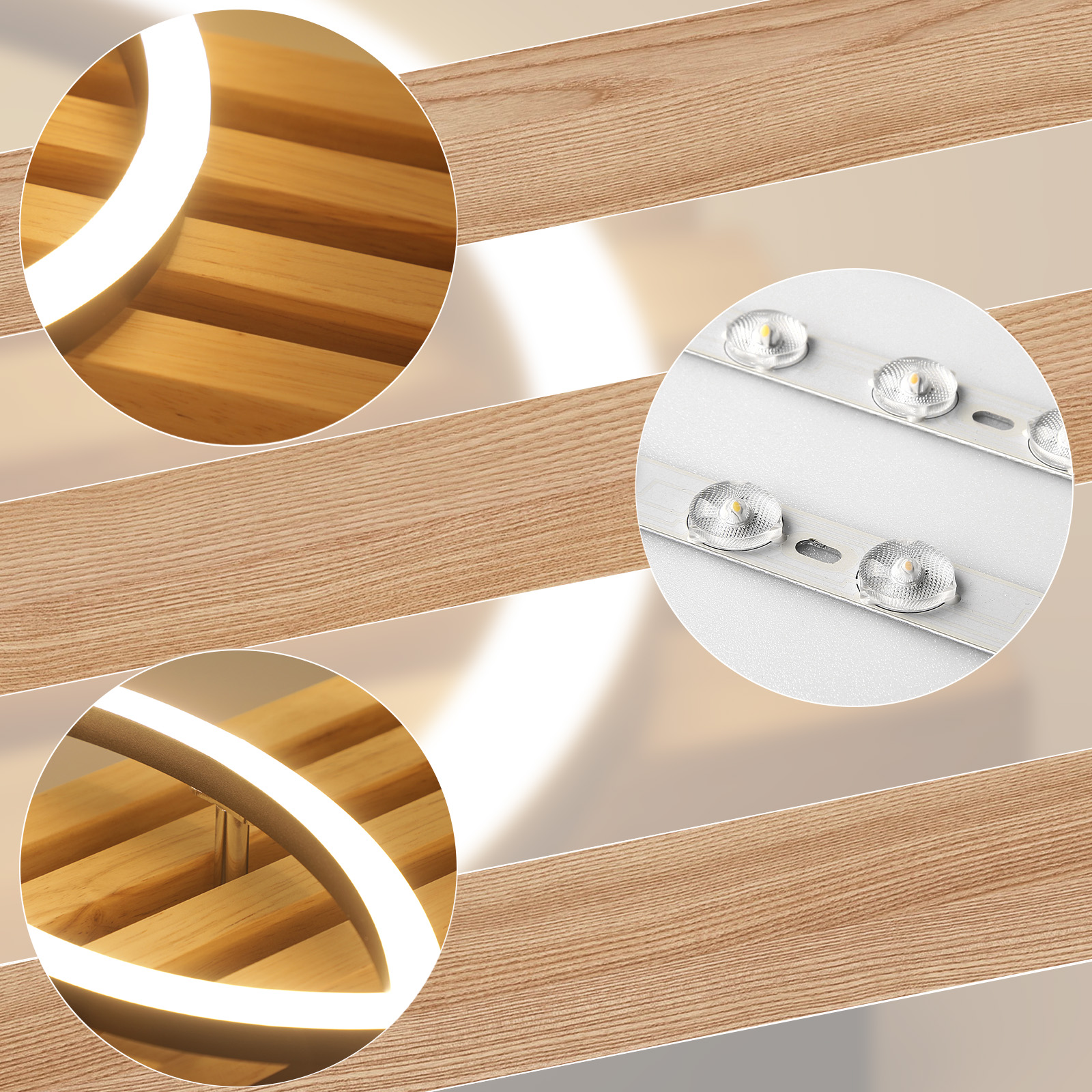 Nahaufnahme einer Holzleuchte. Zeigt die Holzpaneele und die LED-Leuchten im Inneren.