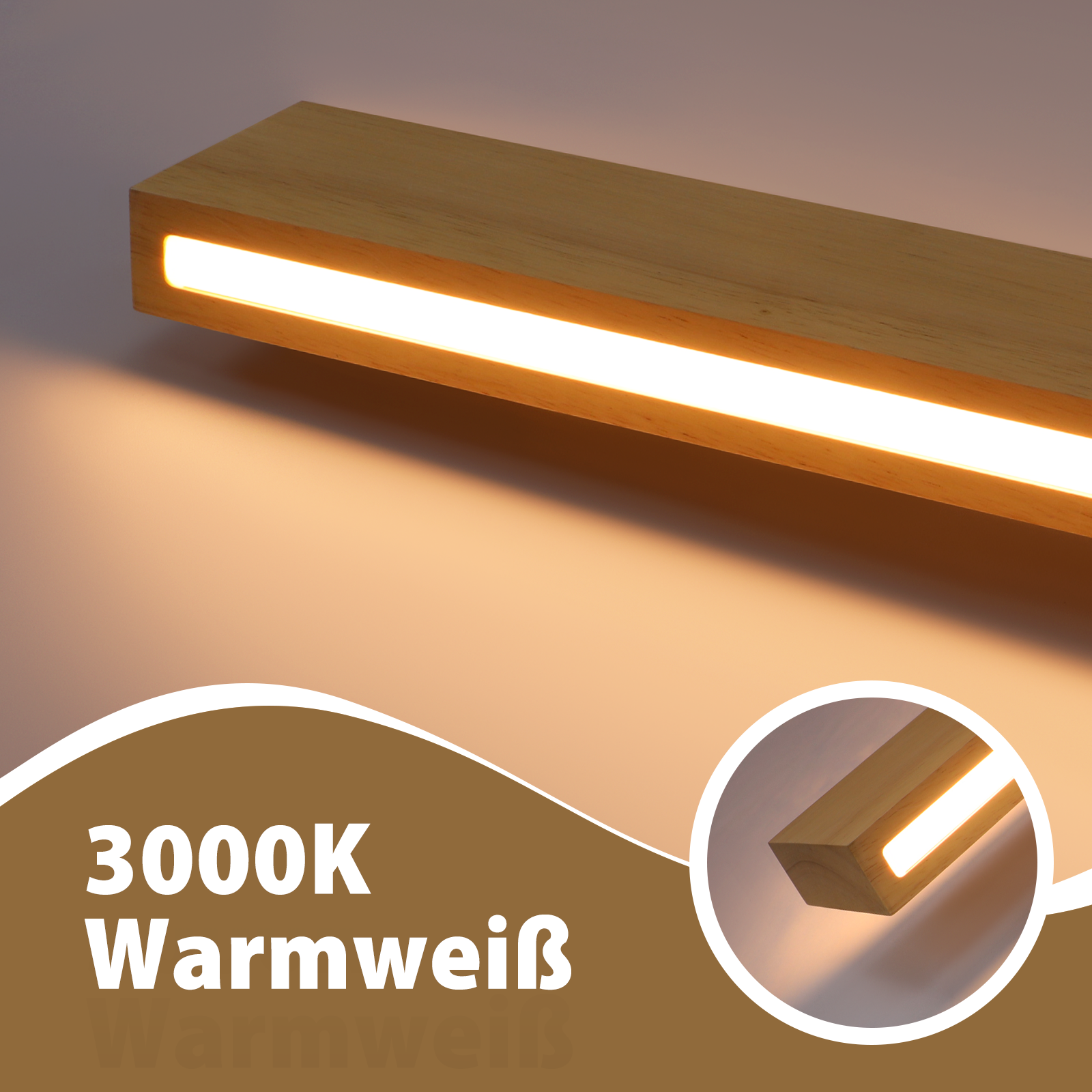 Pannello in legno con luce bianca calda a 3000K. La luce ha una forma rettangolare.