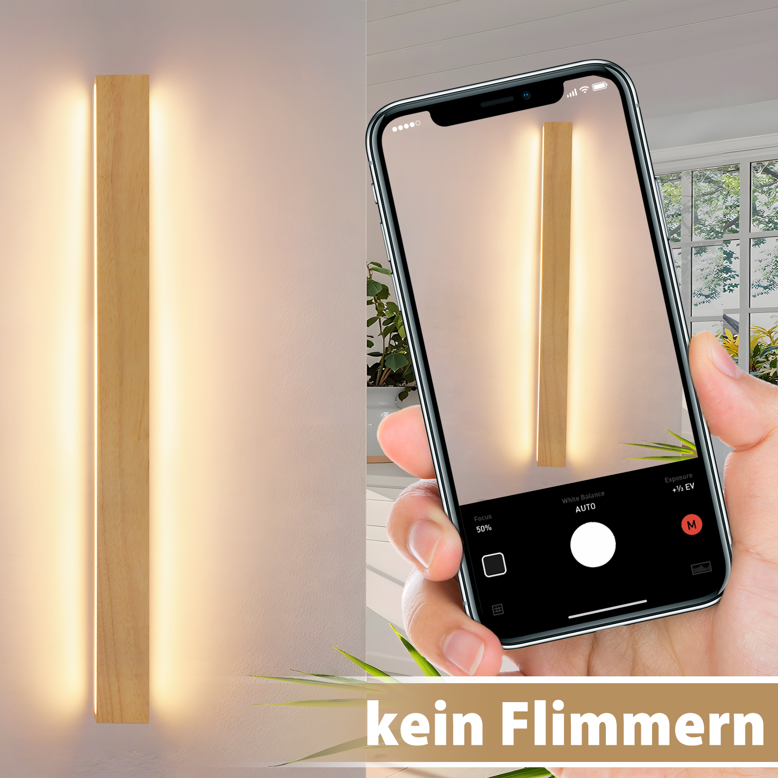 Lampada da parete in legno. L'immagine mostra un telefono che mostra la luce, il testo dice 'nessuno sfarfallio'.