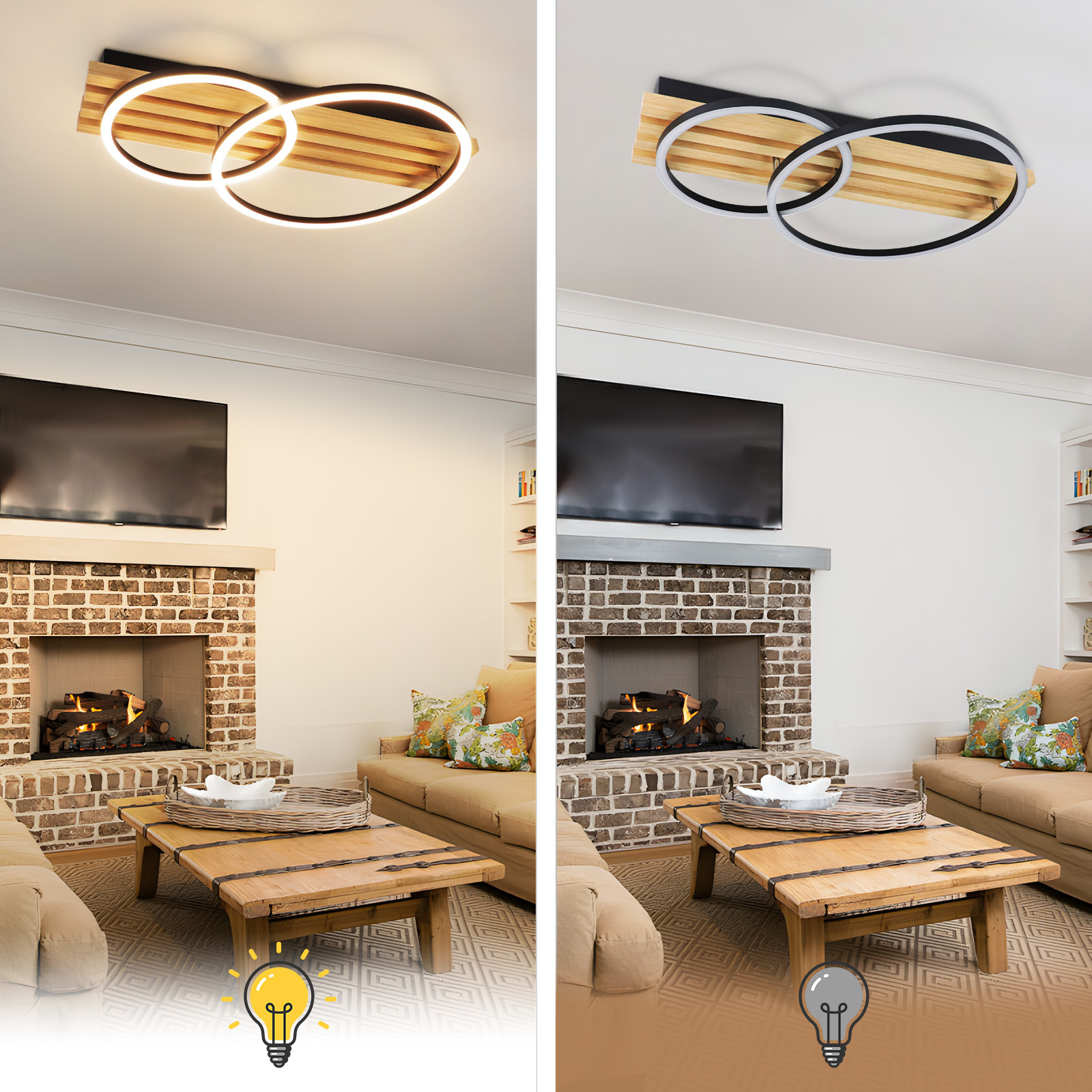 Deckenleuchte mit Ringen. Zwei verschiedene Lichteinstellungen: warmweiß und kaltweiß, über einem Wohnzimmer.