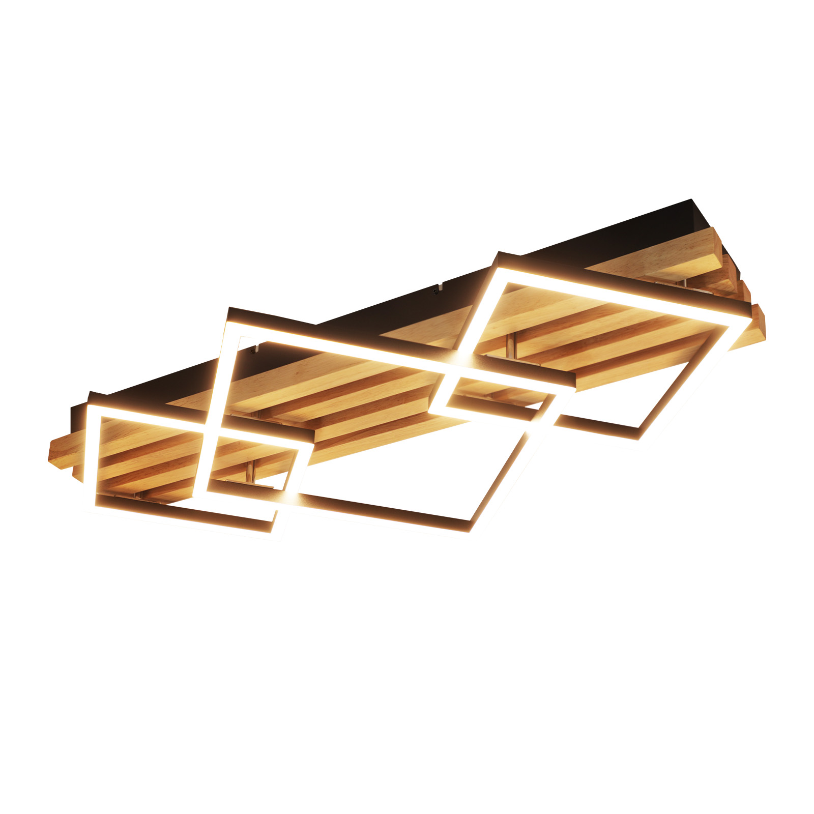 Deckenleuchte mit geometrischem Design. Holzverkleidung und eine Reihe von verbundenen, weißen, geometrischen Lichtformen.