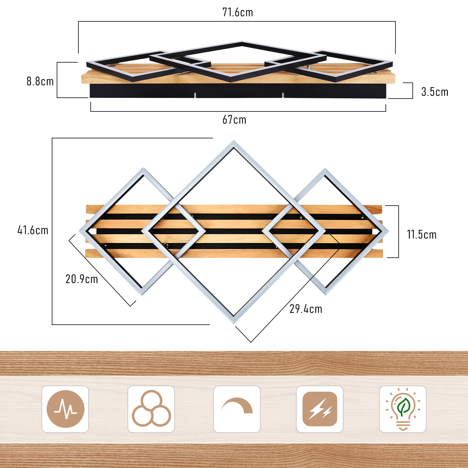 Eine dekorative Leuchte mit Holzsockel und geometrischen Metallrahmen, detailliert mit Abmessungen.