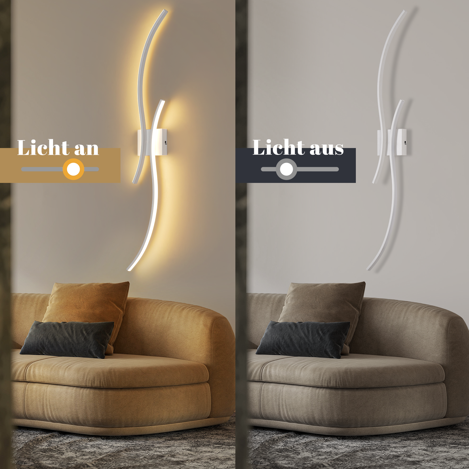 Dwa obrazy białej, falistej lampy ściennej. Lampa jest zapalona na jednym zdjęciu, a wyłączona na drugim. Obecna jest beżowa sofa.