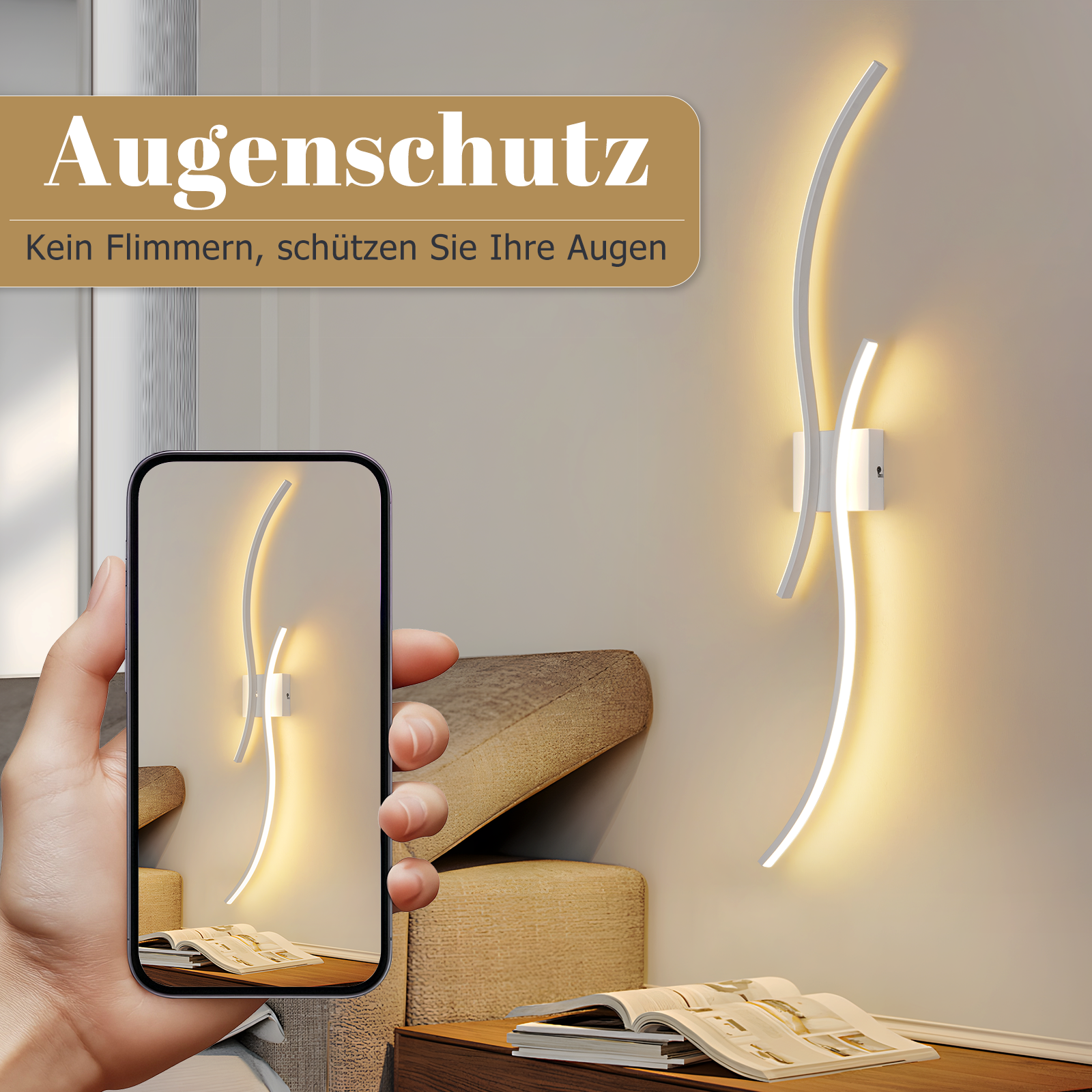 Ręka trzyma telefon pokazujący lampę w kształcie fali. Lampa i podobna znajdują się na ścianie. Pojawia się tekst.