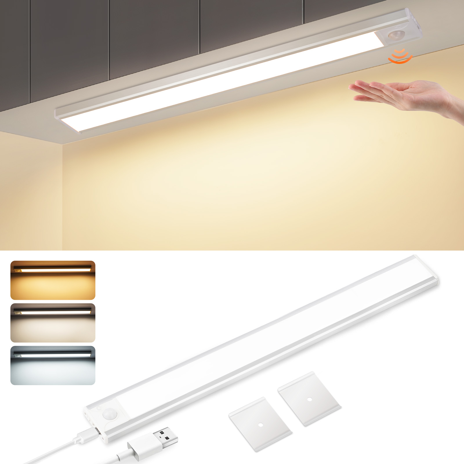 Una luce LED bianca è sotto un mobile. Movimenti delle mani vicino alla luce. Sotto, tre opzioni di colore e la luce stessa.