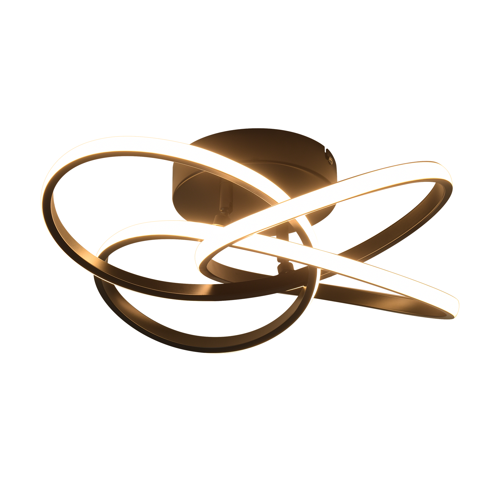 Nowoczesna lampa sufitowa z wirującym wzorem. Światło jest czarne z trzema białymi, zakrzywionymi elementami świetlnymi.