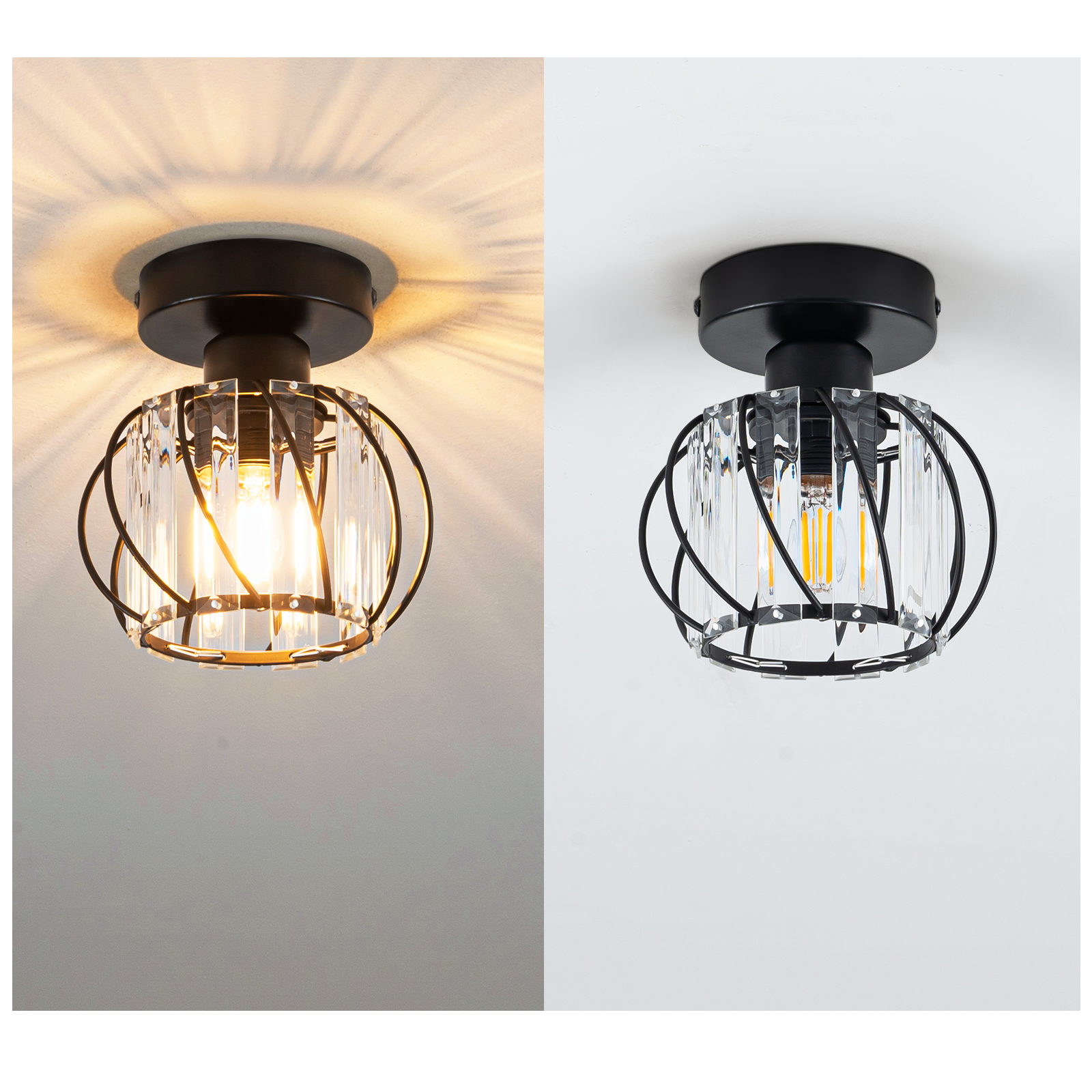 Una lámpara de techo se muestra en dos configuraciones, encendida y apagada. El accesorio de iluminación es negro con un diseño de cristal.
