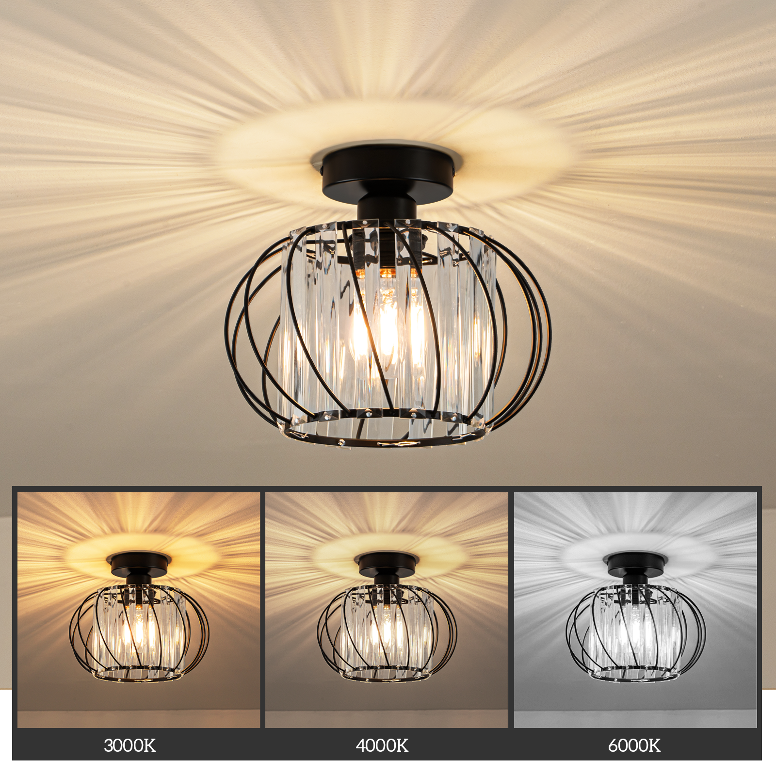Una lámpara de techo con marco negro y detalles de cristal, mostrada con diferentes temperaturas de color de luz.