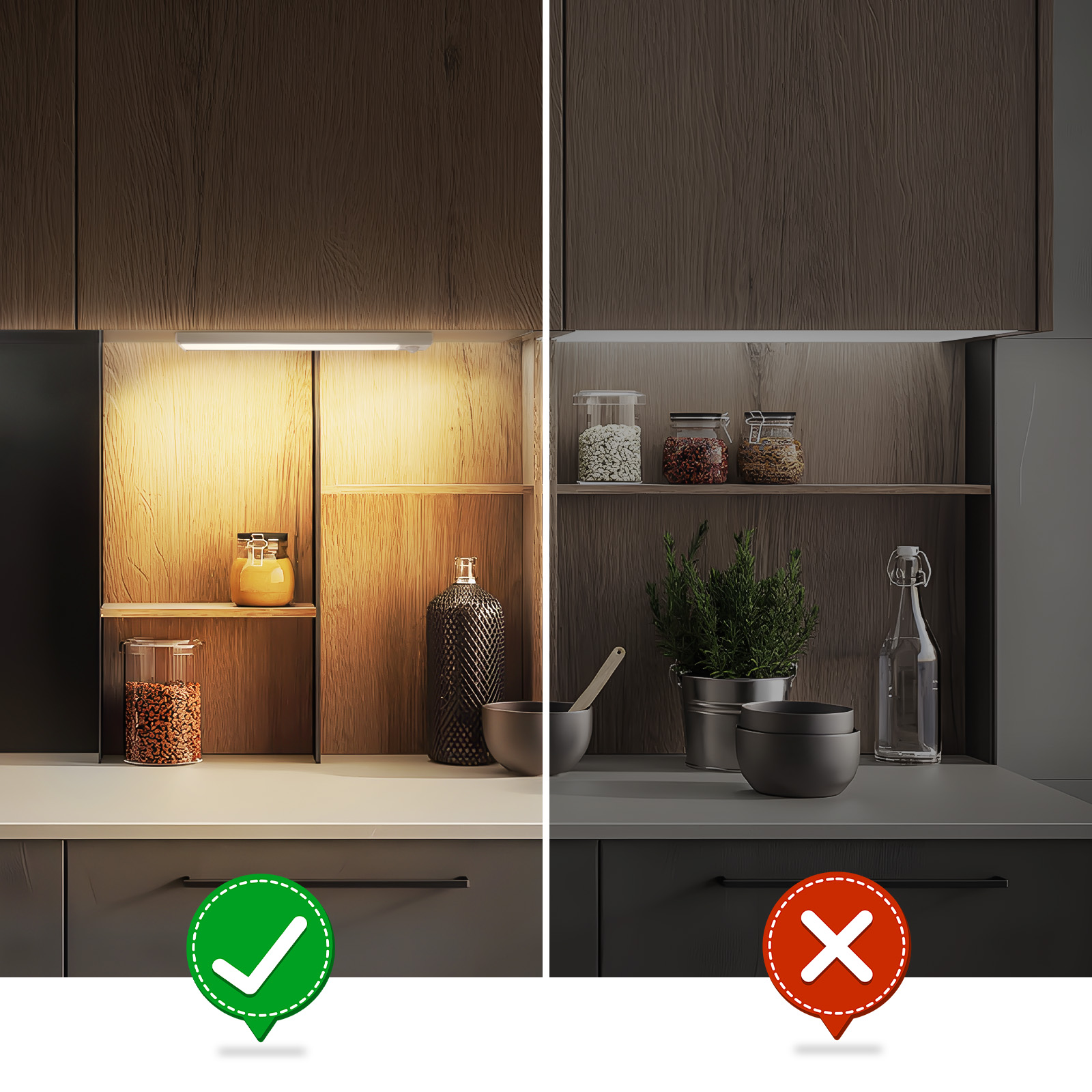 Due scene di cucina, che mostrano una configurazione di luce sotto il mobile illuminata e una scura. Vengono visualizzati un segno di spunta e una X.