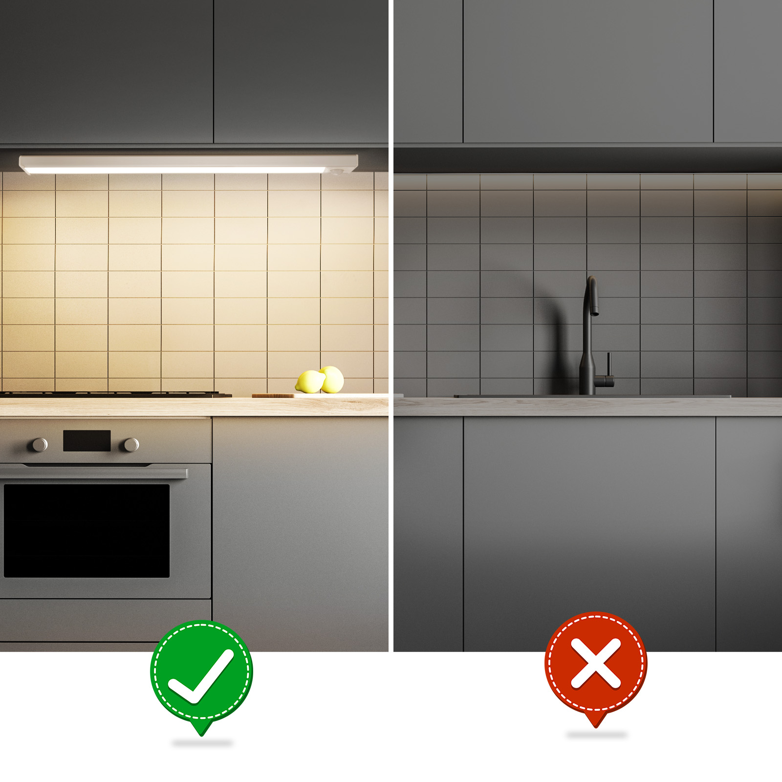 Due scene di cucina. Una mostra un'area illuminata con luce bianca, l'altra scura. Sono presenti un segno di spunta e una X.