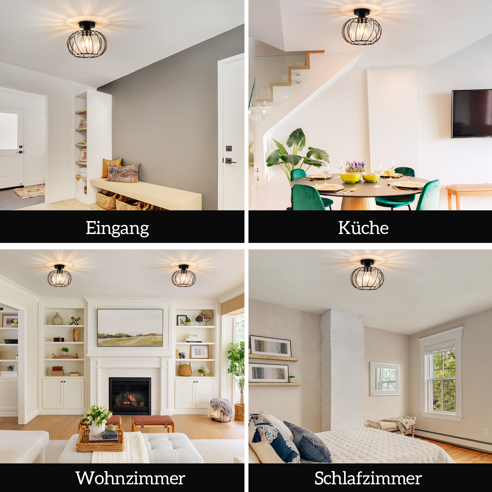 Cuatro imágenes que muestran una lámpara de techo negra estilo jaula en diferentes entornos: entrada, cocina, sala de estar y dormitorio.
